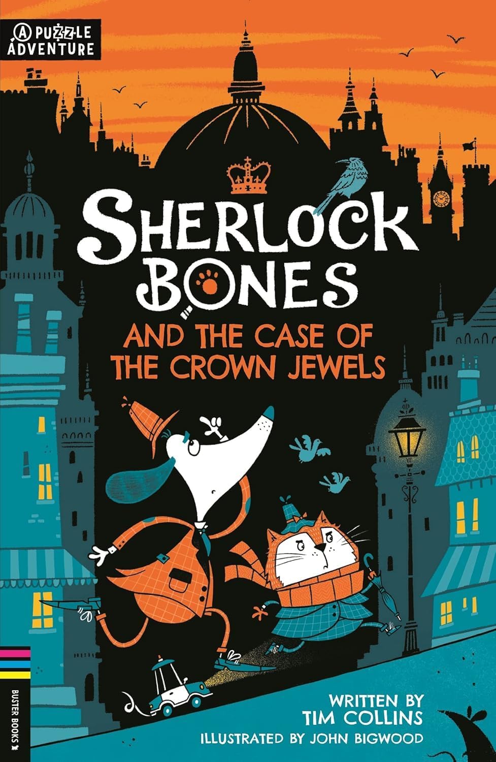 Close-up of an inside page spread from a Sherlock Bones paperback showing puzzle and story elements