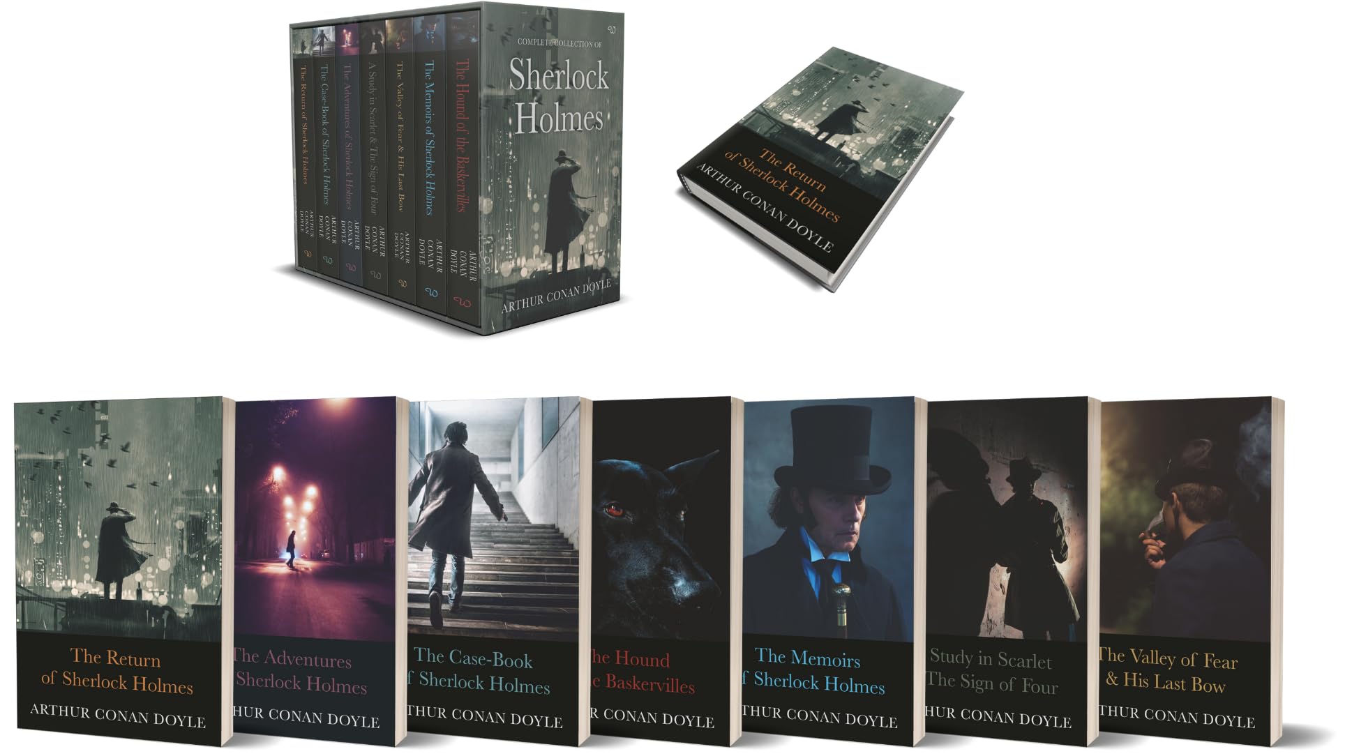Back cover of the Sherlock Holmes paperback box set showing book descriptions