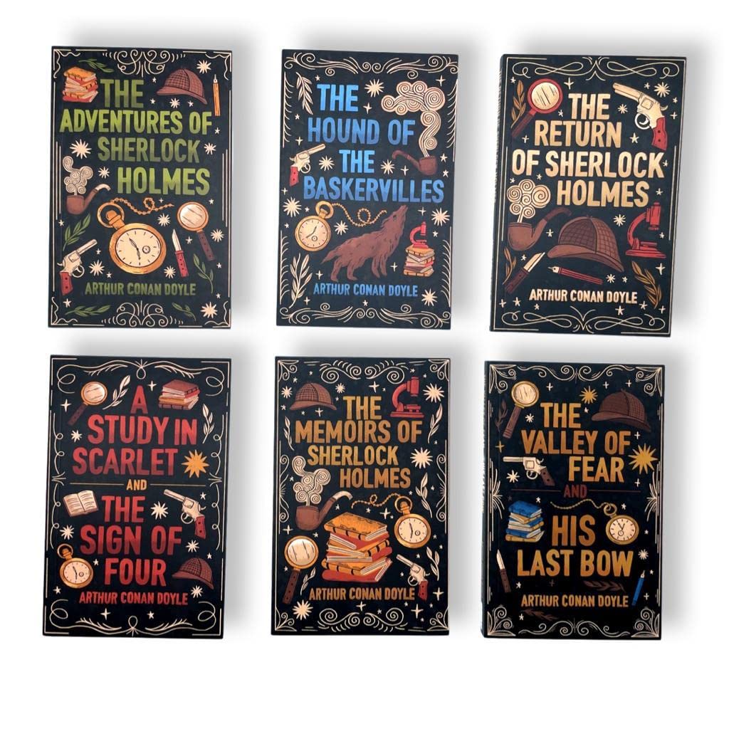 All six Sherlock Holmes paperback books fanned out showing individual titles in the set