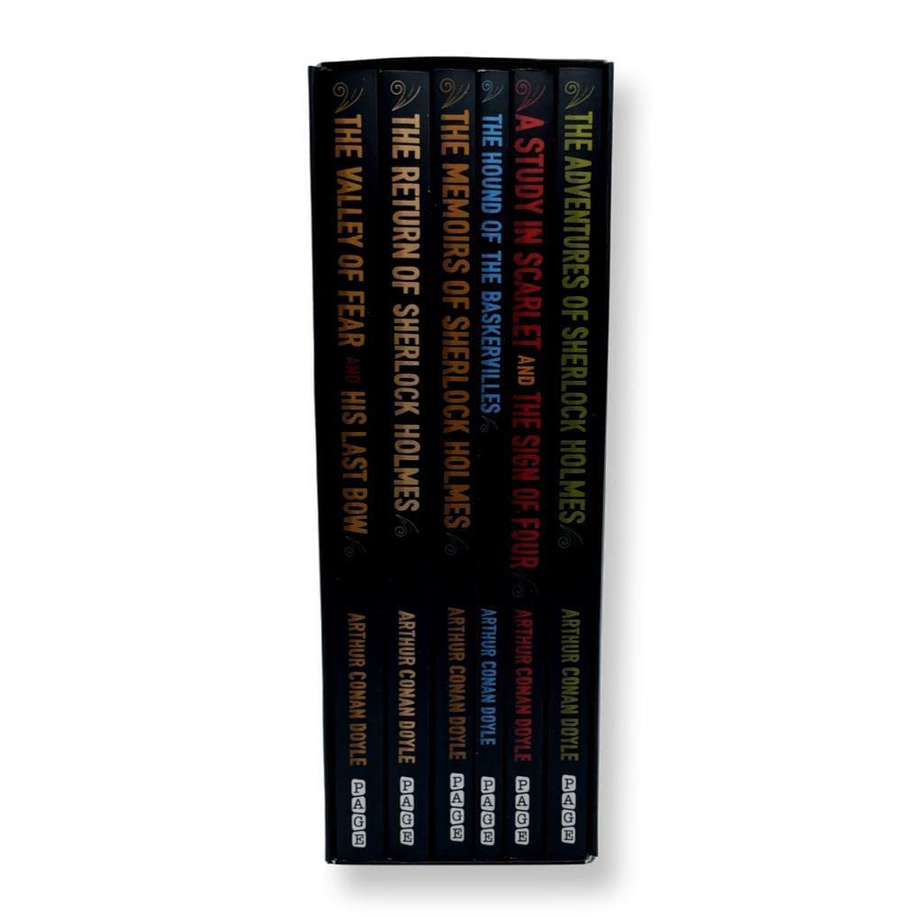 Close-up of The Hound of the Baskervilles and The Valley of Fear paperback covers from the Sherlock Holmes set