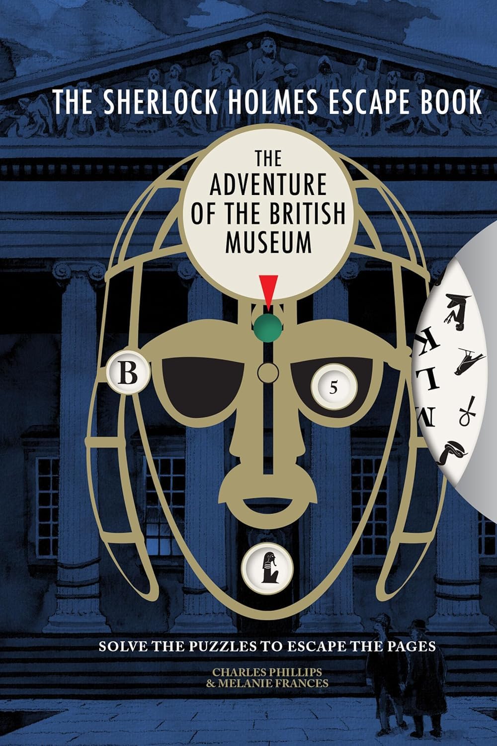 Inside page spread from a Sherlock Holmes Escape Book showing the code wheel puzzle mechanism