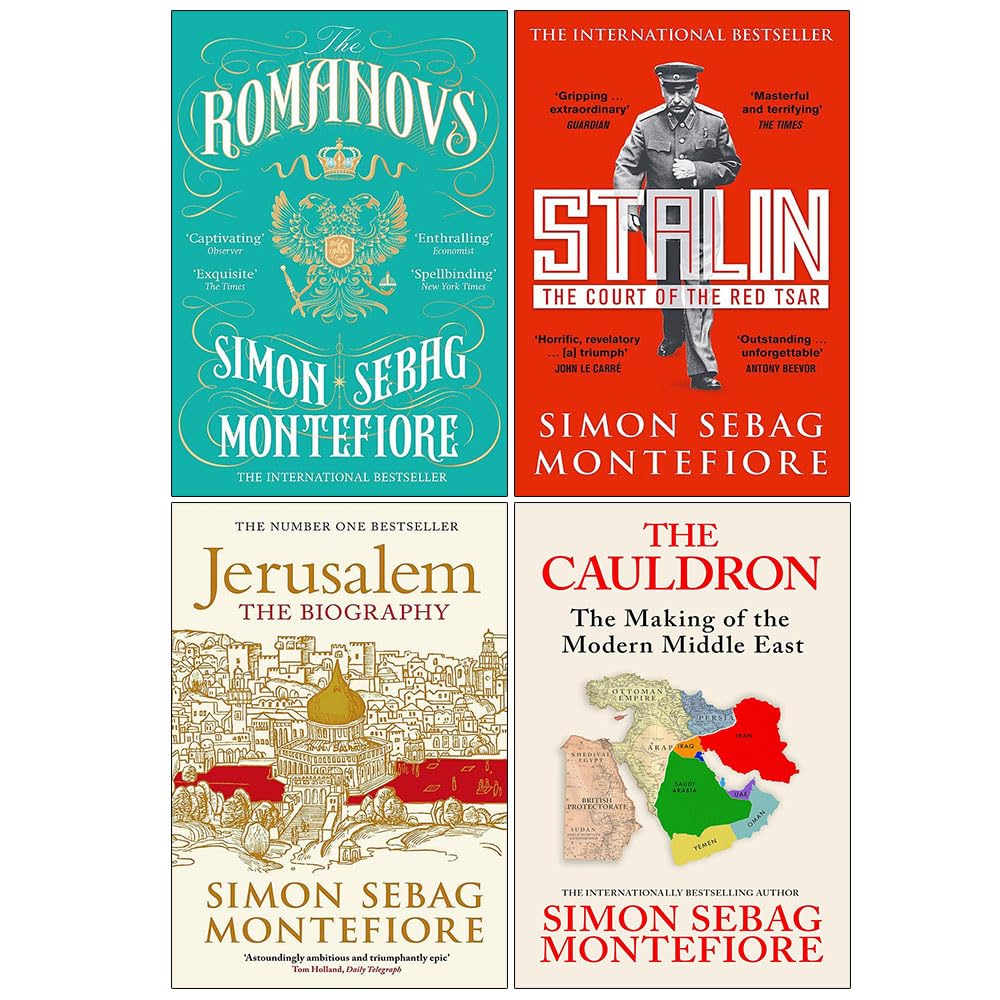 Simon Sebag Montefiore 4 Books Collection Set paperback front cover featuring The Romanovs 1613-1918, Stalin The Court of the Red Tsar, Jerusalem The Biography, and The Cauldron