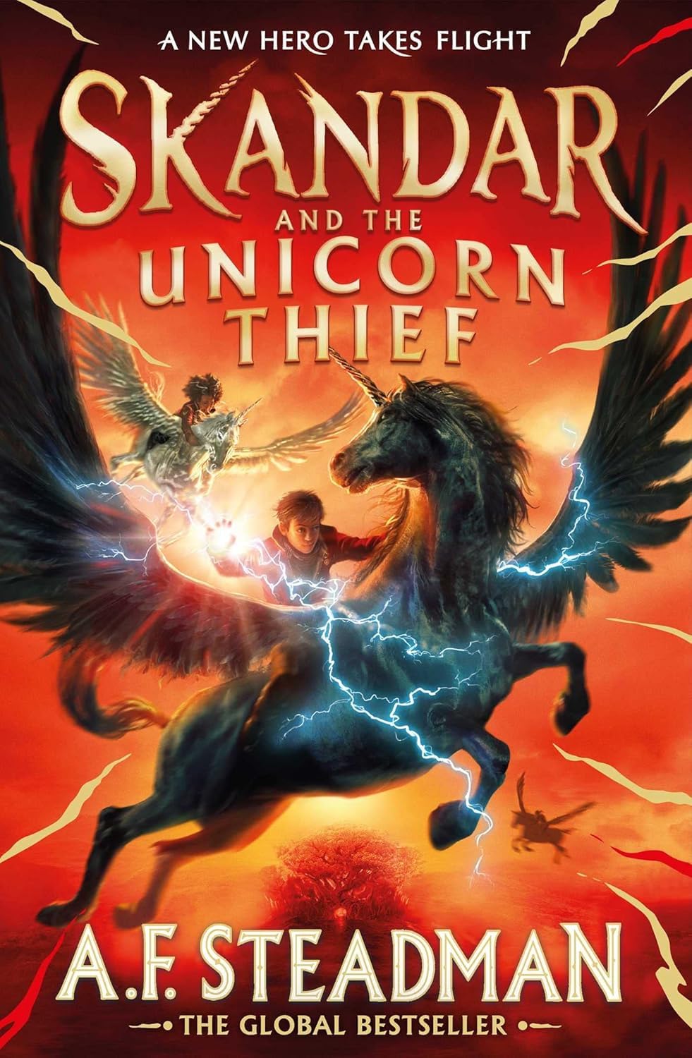 Close-up of the Skandar Series paperback covers by A.F. Steadman, showing colorful unicorn fantasy artwork and titles.