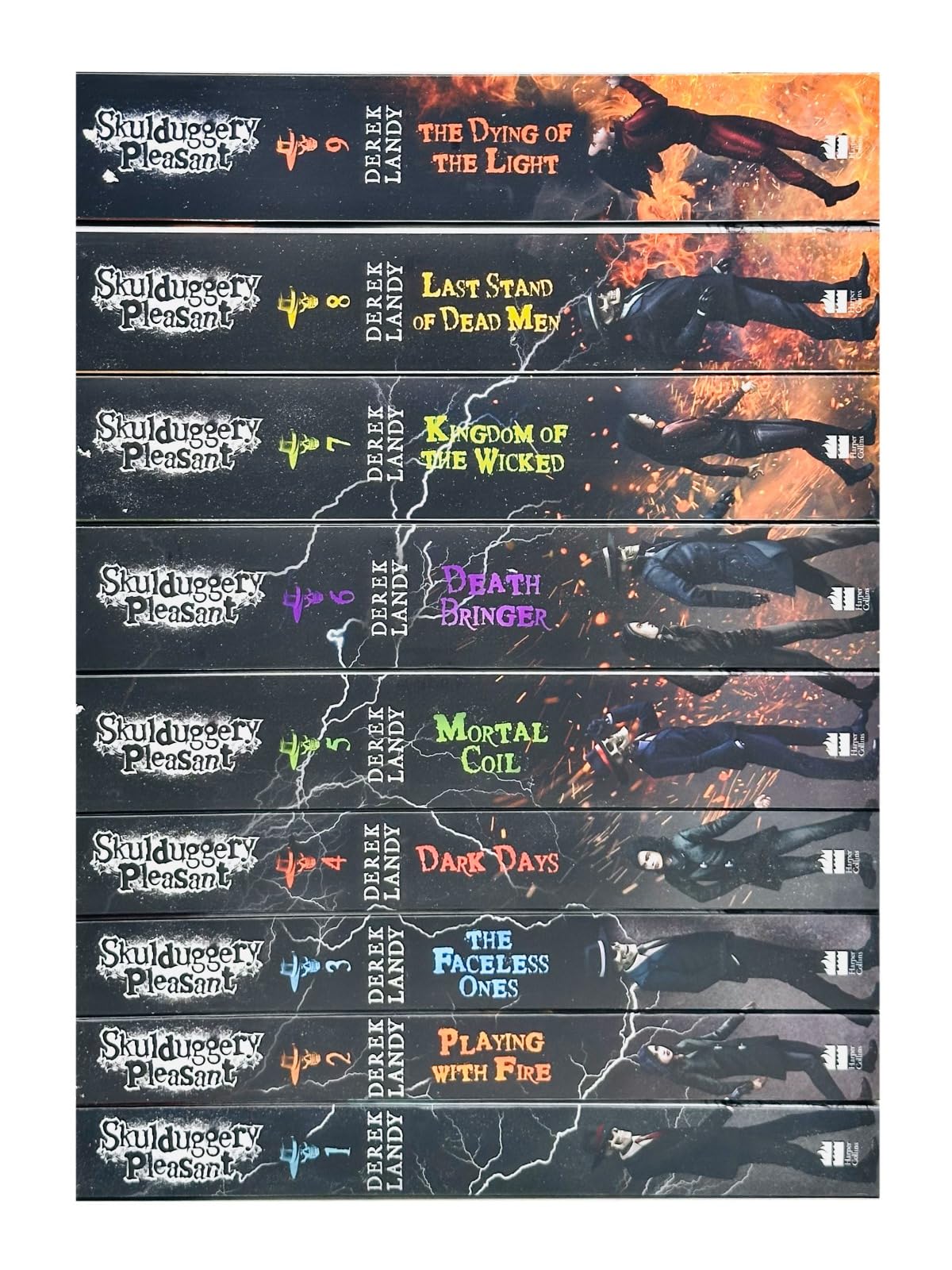 All nine paperback books from the Skulduggery Pleasant series by Derek Landy fanned out, showing individual title covers.