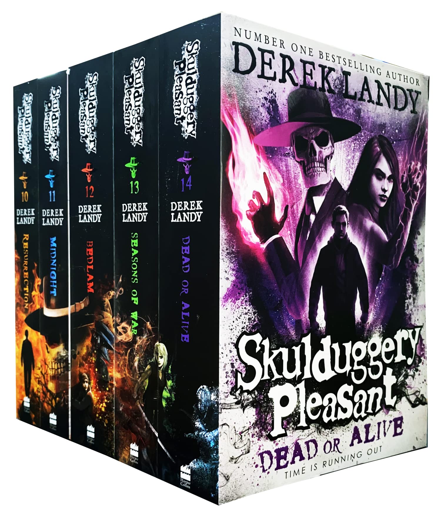 Front cover of Skulduggery Pleasant 5 Books Collection Set by Derek Landy, paperback young adult fantasy series