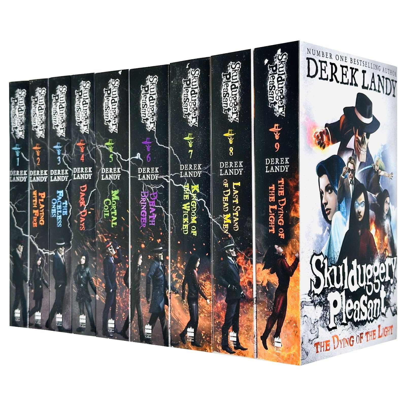 Front cover of the Skulduggery Pleasant 9 book collection box set by Derek Landy, paperback young adult fantasy series.