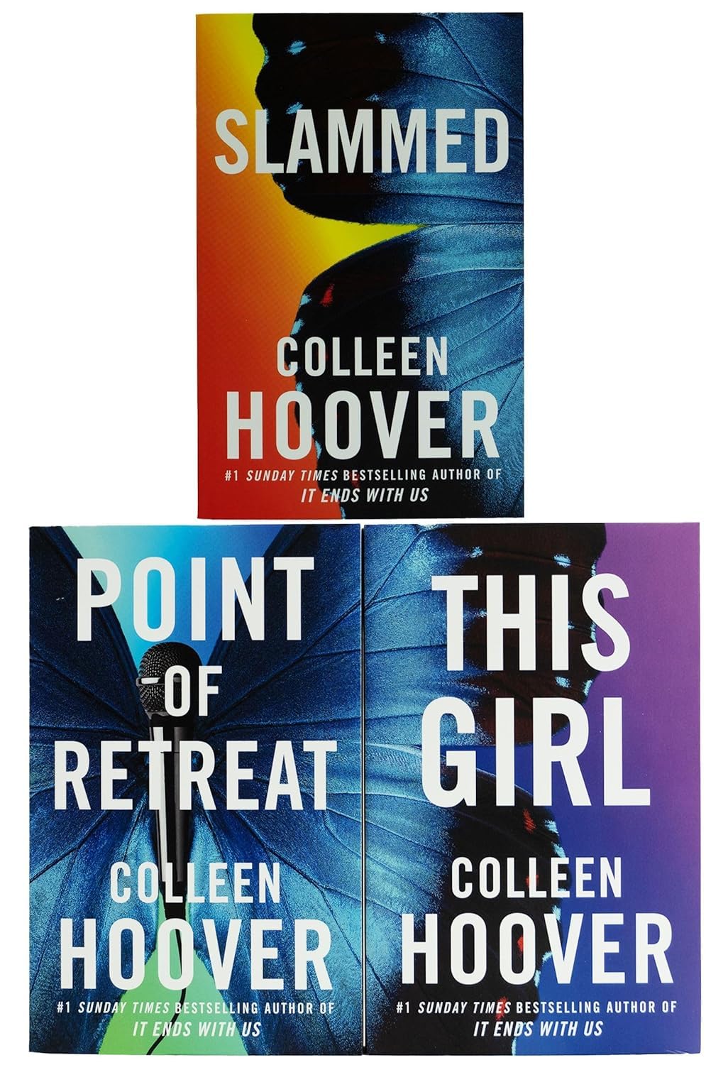 Back covers of the Slammed Series 3-book paperback set by Colleen Hoover, showing synopsis text for each title.