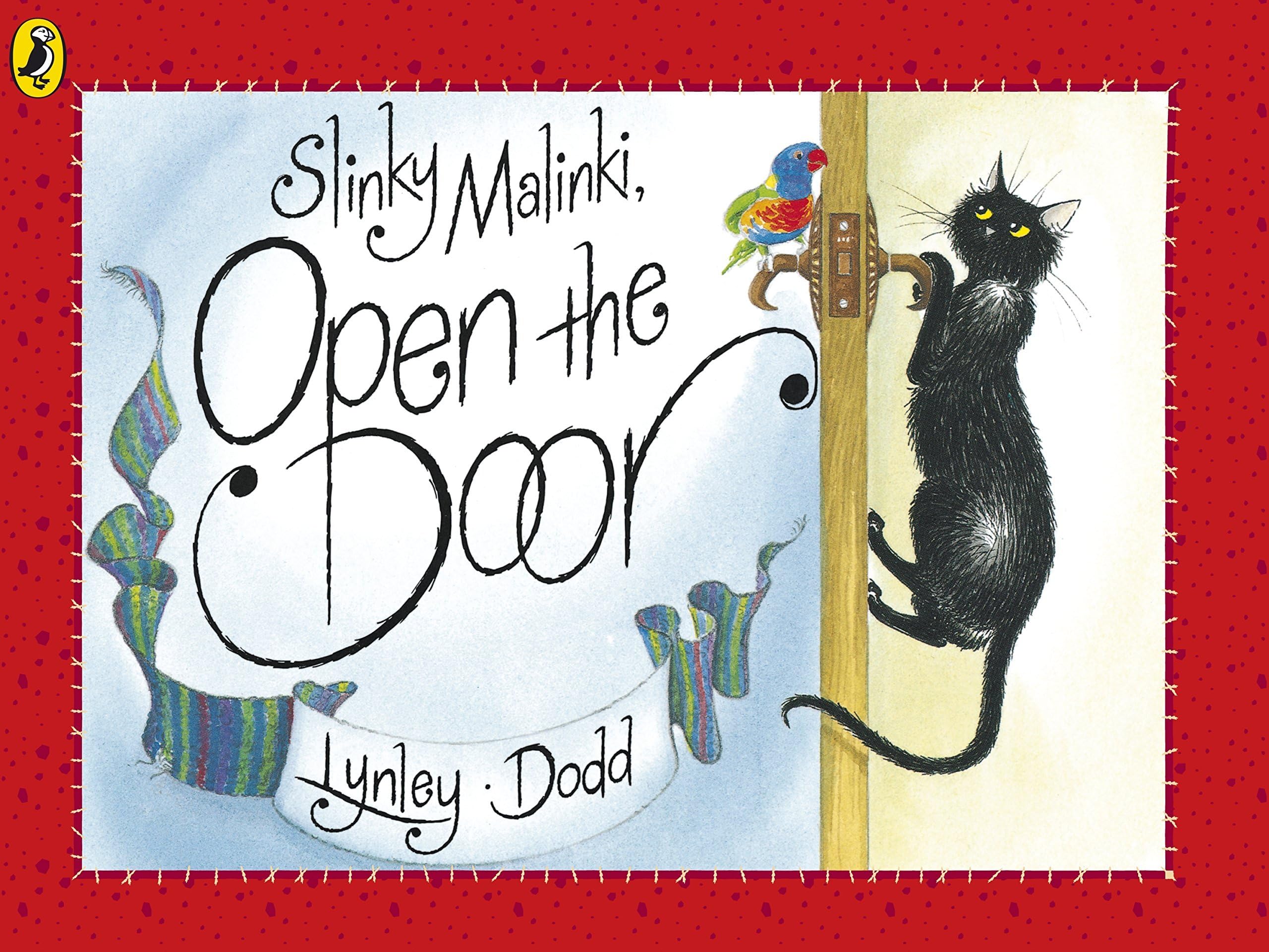 Inside page spread from a Slinky Malinki picture book showing rhyming text and illustrated cat characters