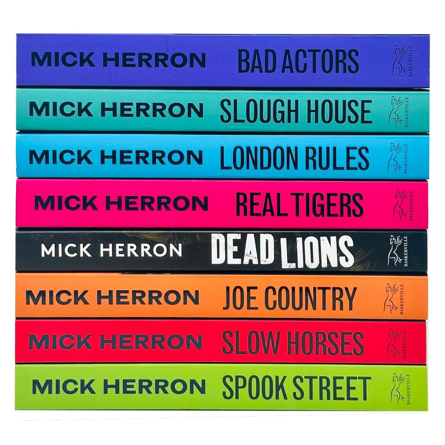 Close-up of the Slough House 8-book paperback set by Mick Herron showing spine titles Slow Horses, Dead Lions, Real Tigers, and more.