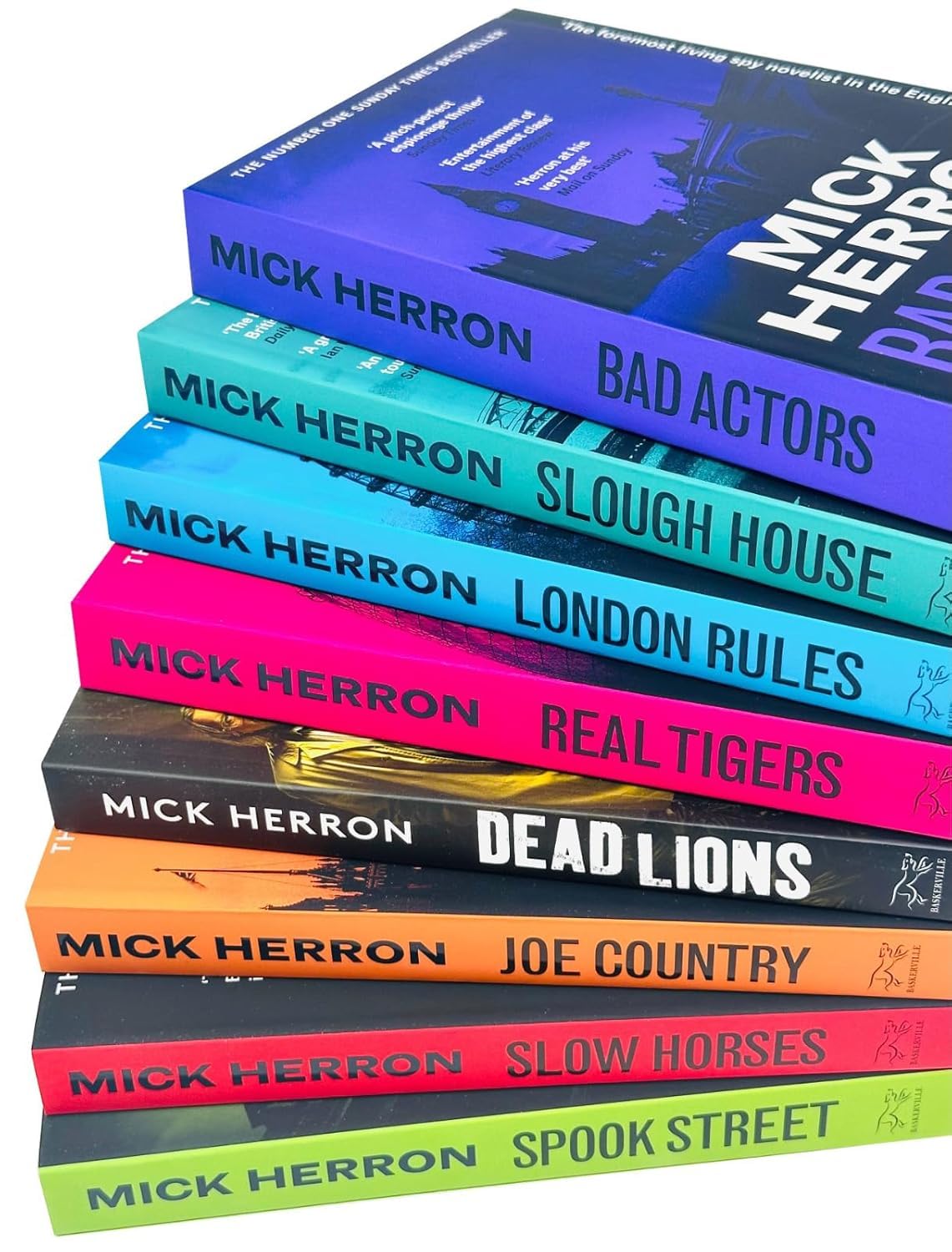 Slough House series paperback collection by Mick Herron stacked together, showing John Murray and Soho Crime branding on the covers.