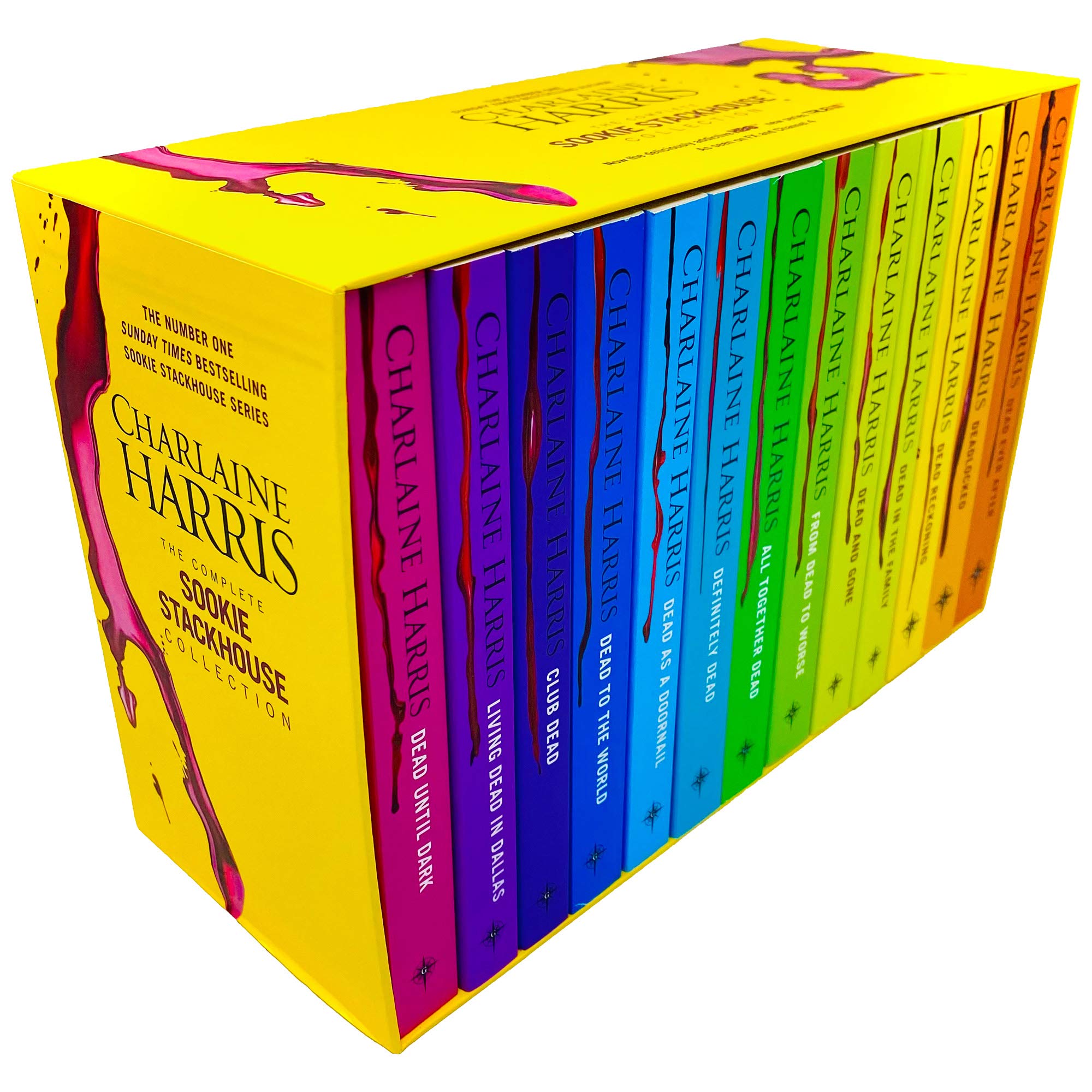 All 13 Sookie Stackhouse paperback novels by Charlaine Harris fanned out showing colorful spines and covers.