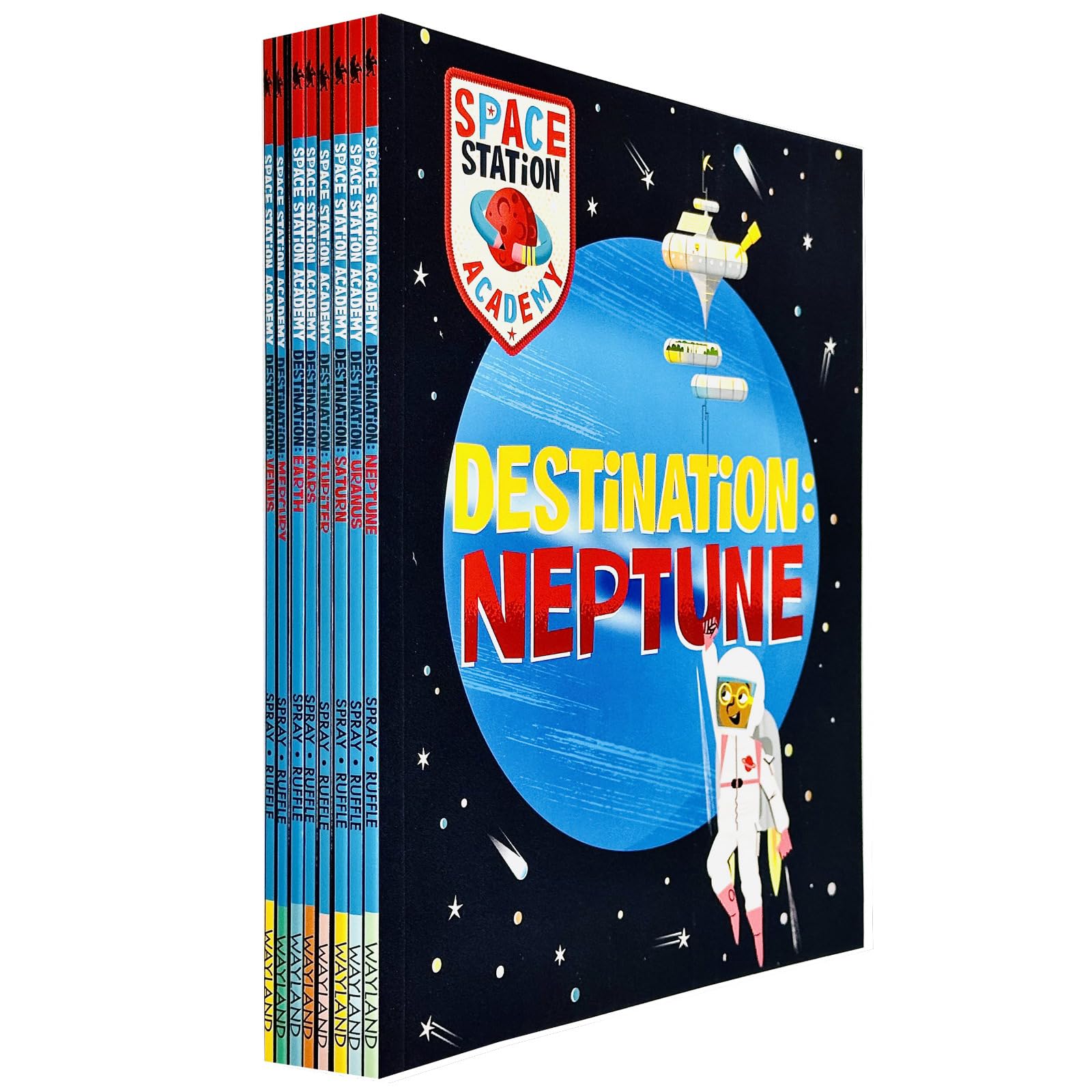 Inside page spread of a Space Station Academy graphic novel style book showing comic panels and illustrations