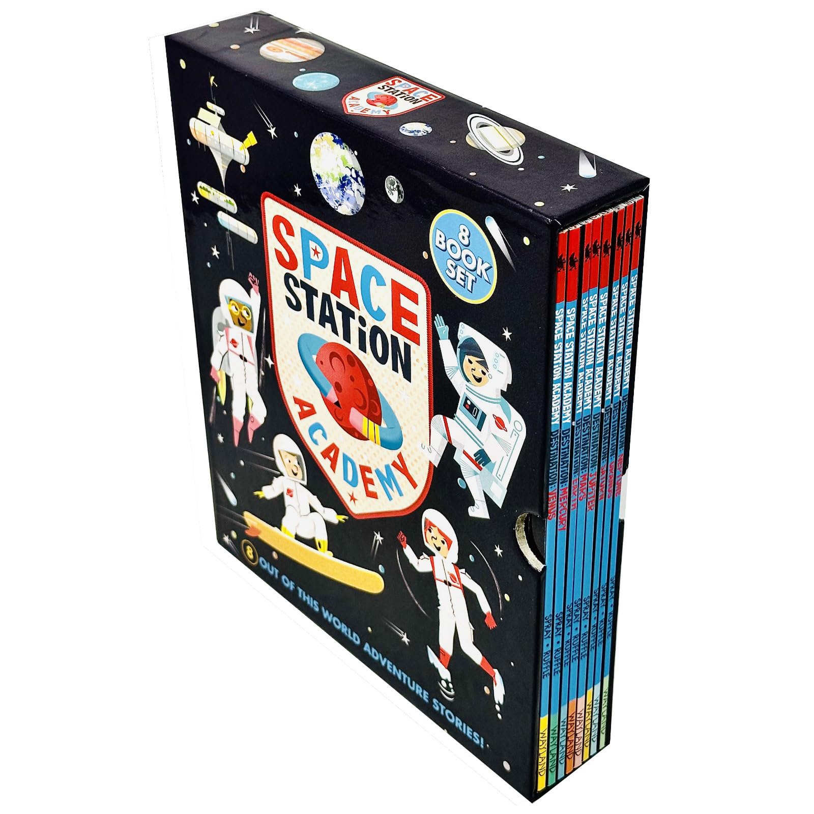 Back cover of a Space Station Academy paperback book with series description and age range for ages 7-9