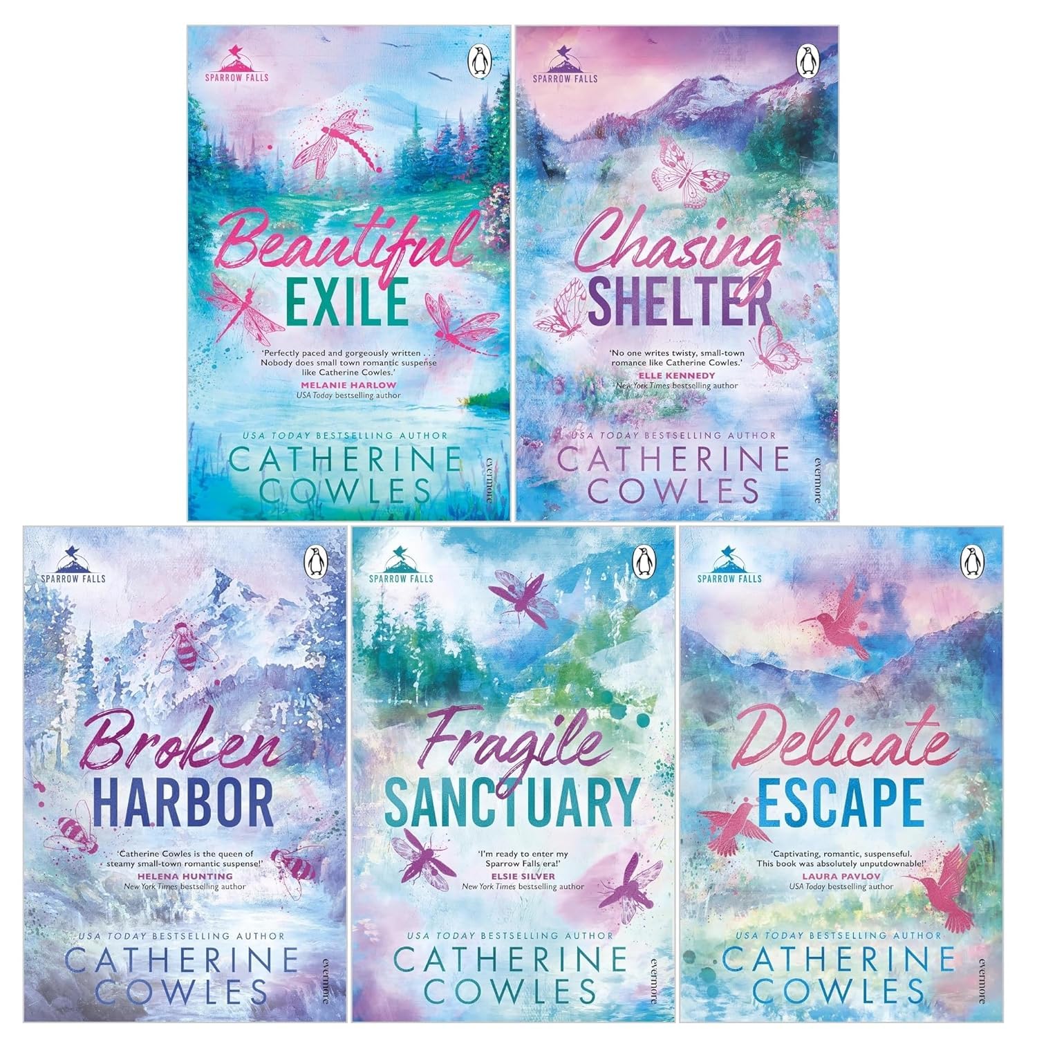 Sparrow Falls Series by Catherine Cowles 5 Books Collection Set - Fragile Sanctuary, Delicate Escape, Broken Harbor, Beautiful Exile, Chasing Shelter - Paperback front cover set
