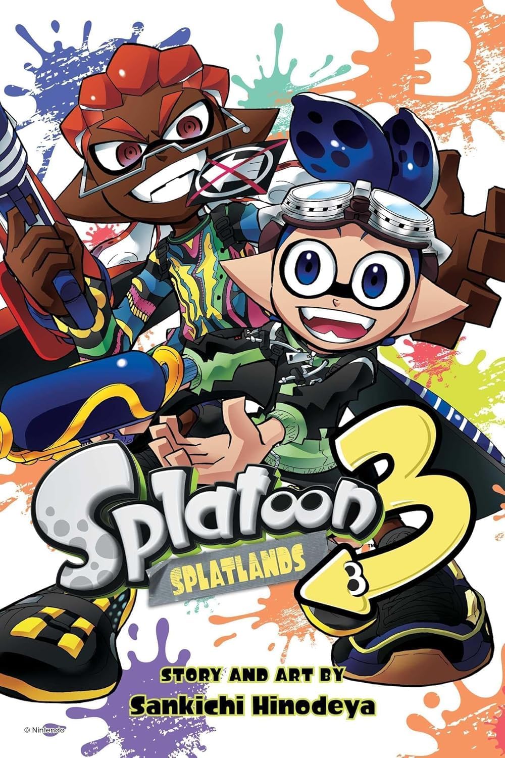 Inside page spread from Splatoon 3: Splatlands manga showing black and white comic panels