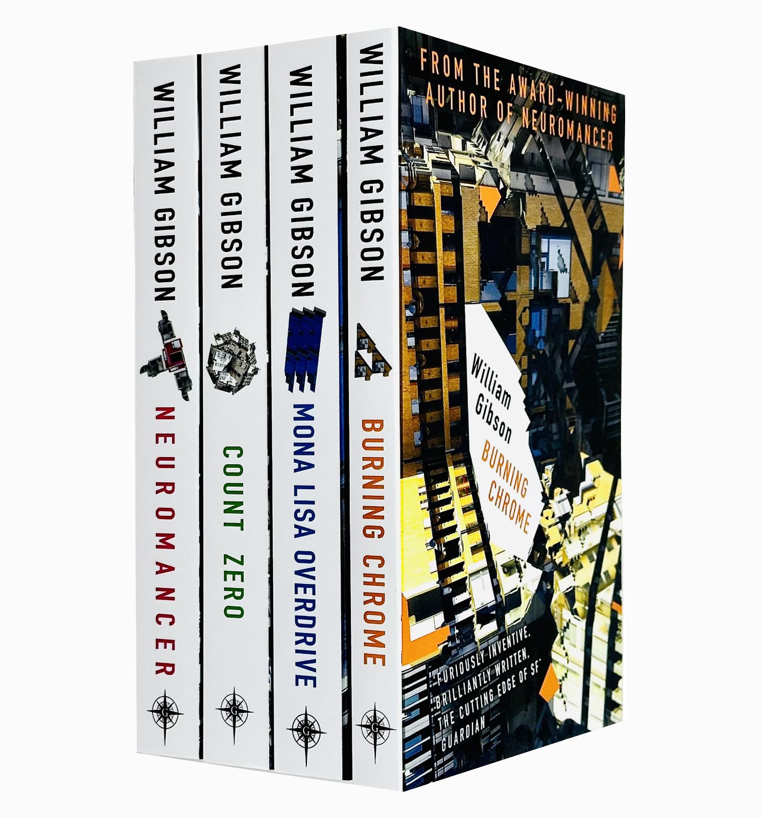 Sprawl Series 4 Books Collection Set by William Gibson paperback front cover, including Neuromancer, Count Zero, Mona Lisa Overdrive, and Burning Chrome