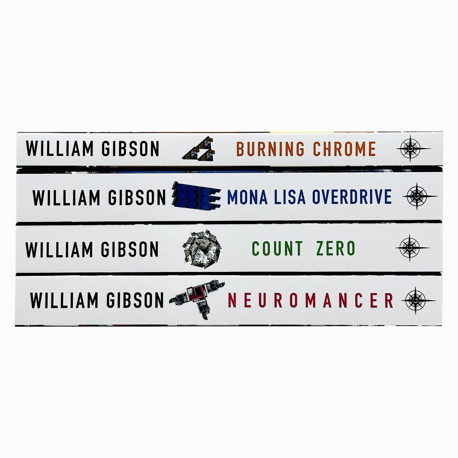 Back cover of the William Gibson Sprawl Series 4 book paperback set showing synopsis and cyberpunk cover art