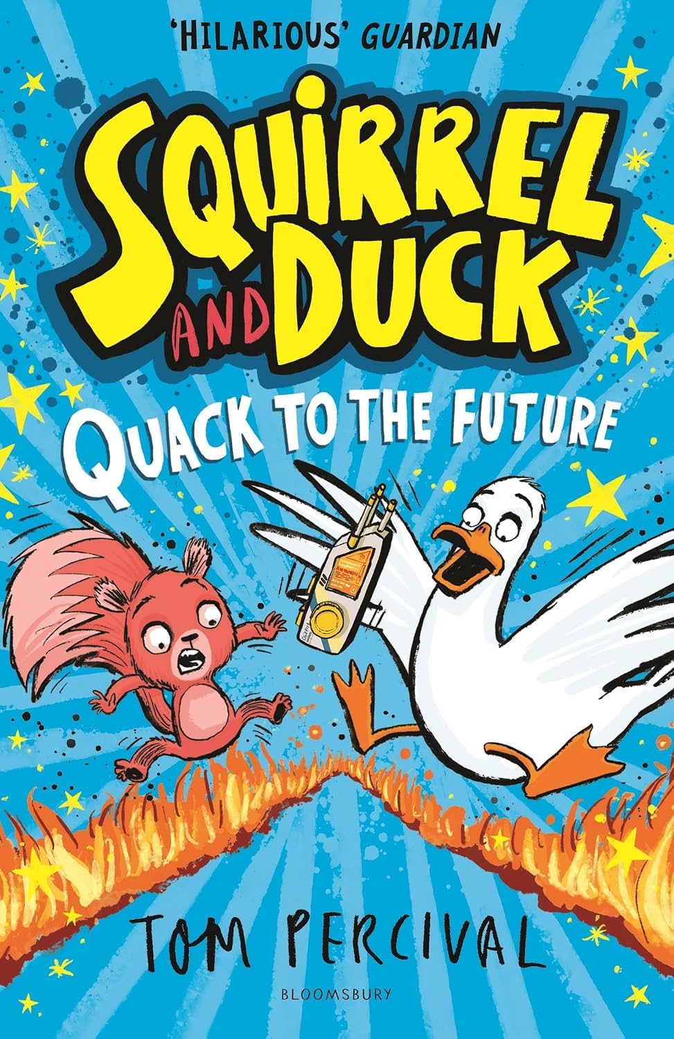 Inside page spread from a Squirrel and Duck paperback book showing Tom Percival's black-and-white illustrated artwork