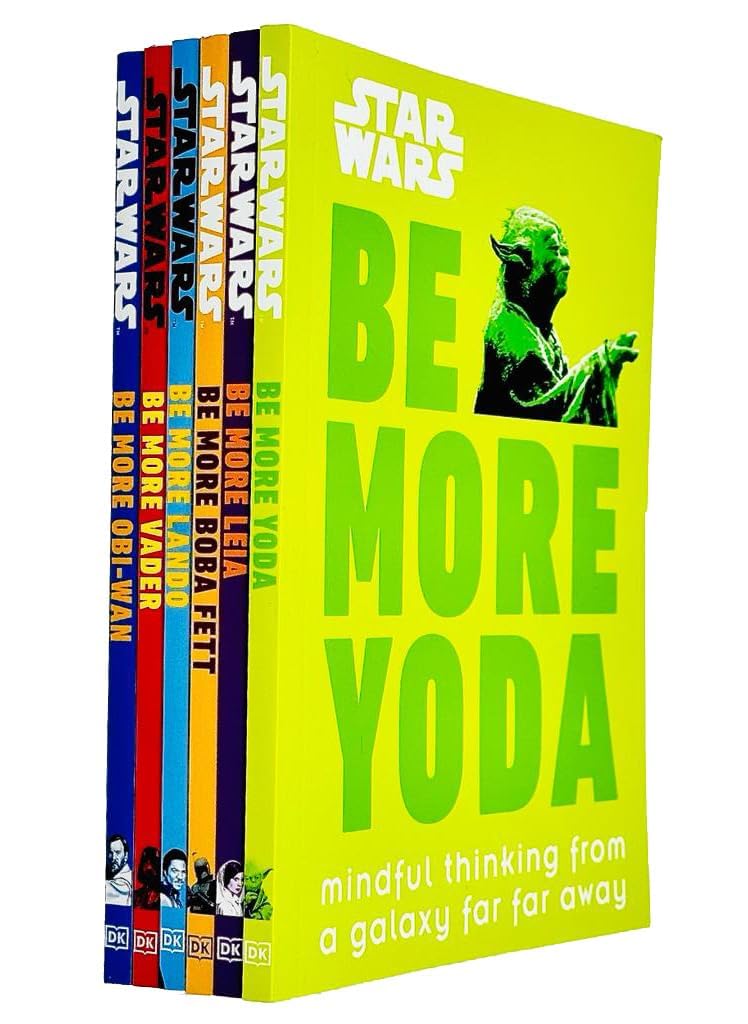 Star Wars Be More 6-book paperback collection set, front covers of Be More Yoda, Leia, Vader, Obi-Wan, Lando, and Boba Fett shown together