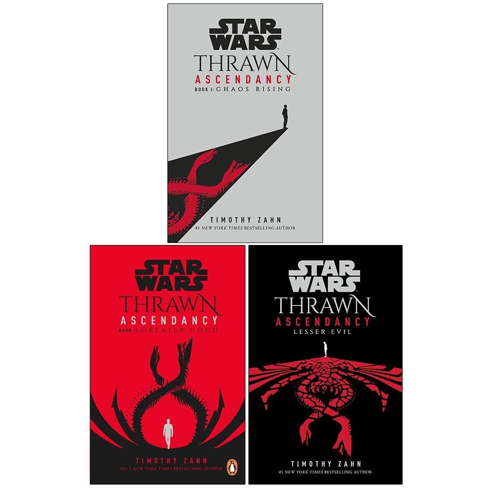 Front covers of Star Wars: Thrawn Ascendancy 3-book paperback set by Timothy Zahn, featuring Chaos Rising, Greater Good, and Lesser Evil cover art.