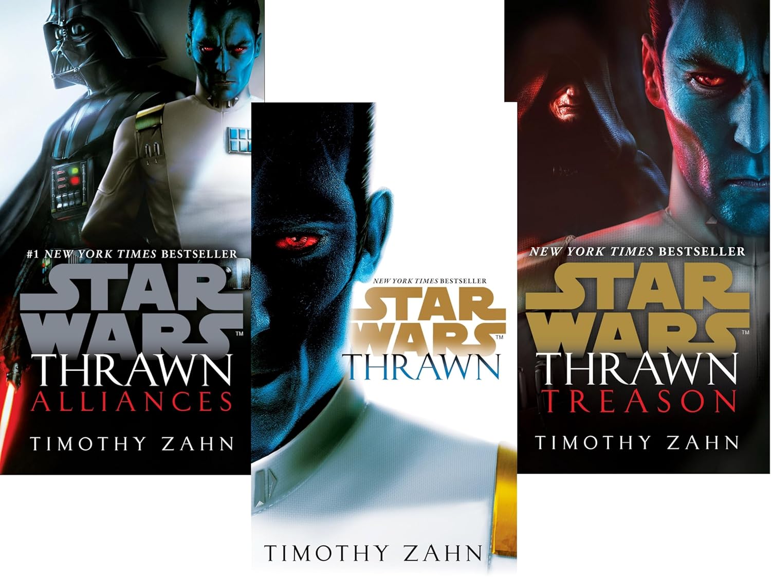 Front covers of the Star Wars Thrawn trilogy paperback box set by Timothy Zahn, featuring Thrawn, Alliances, and Treason cover art.