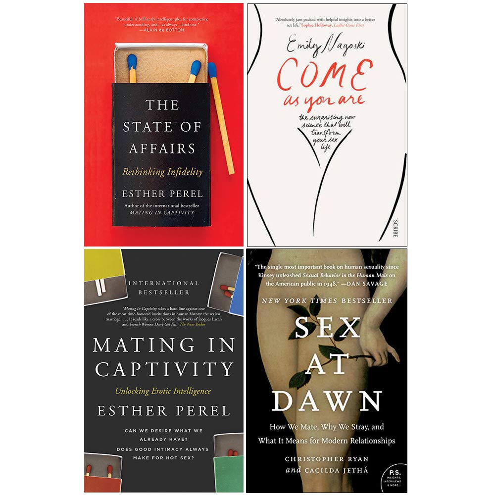 Front covers of the 4-book paperback set: The State of Affairs, Mating in Captivity, Come As You Are, and Sex at Dawn by Esther Perel, Emily Nagoski, Christopher Ryan and Cacilda Jethá