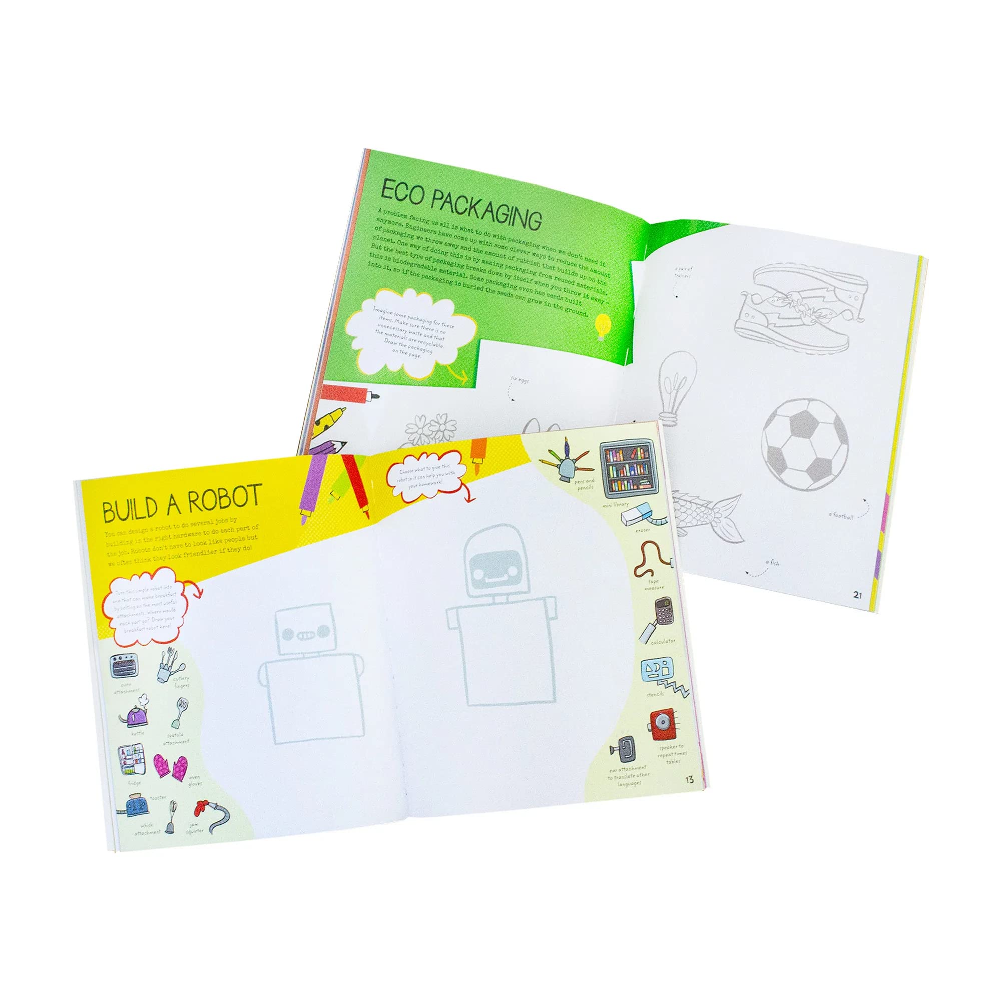 Inside page spread from a STEM Starters for Kids Activity Book showing illustrated STEM activities and puzzles
