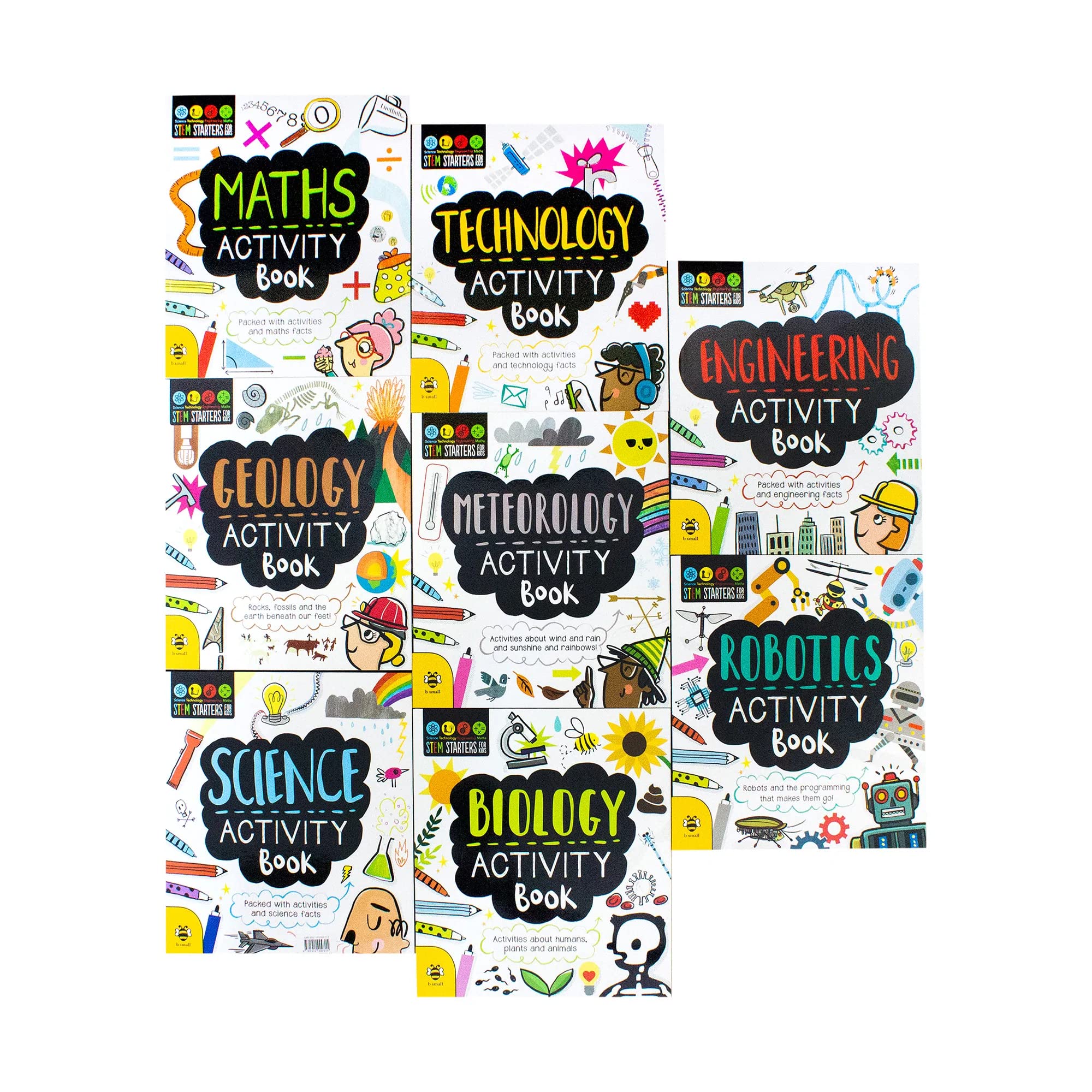 STEM Starters for Kids 8-book paperback set fanned out showing Science, Biology, Robotics, Meteorology, Geology, Engineering, Technology, and Maths Activity Books