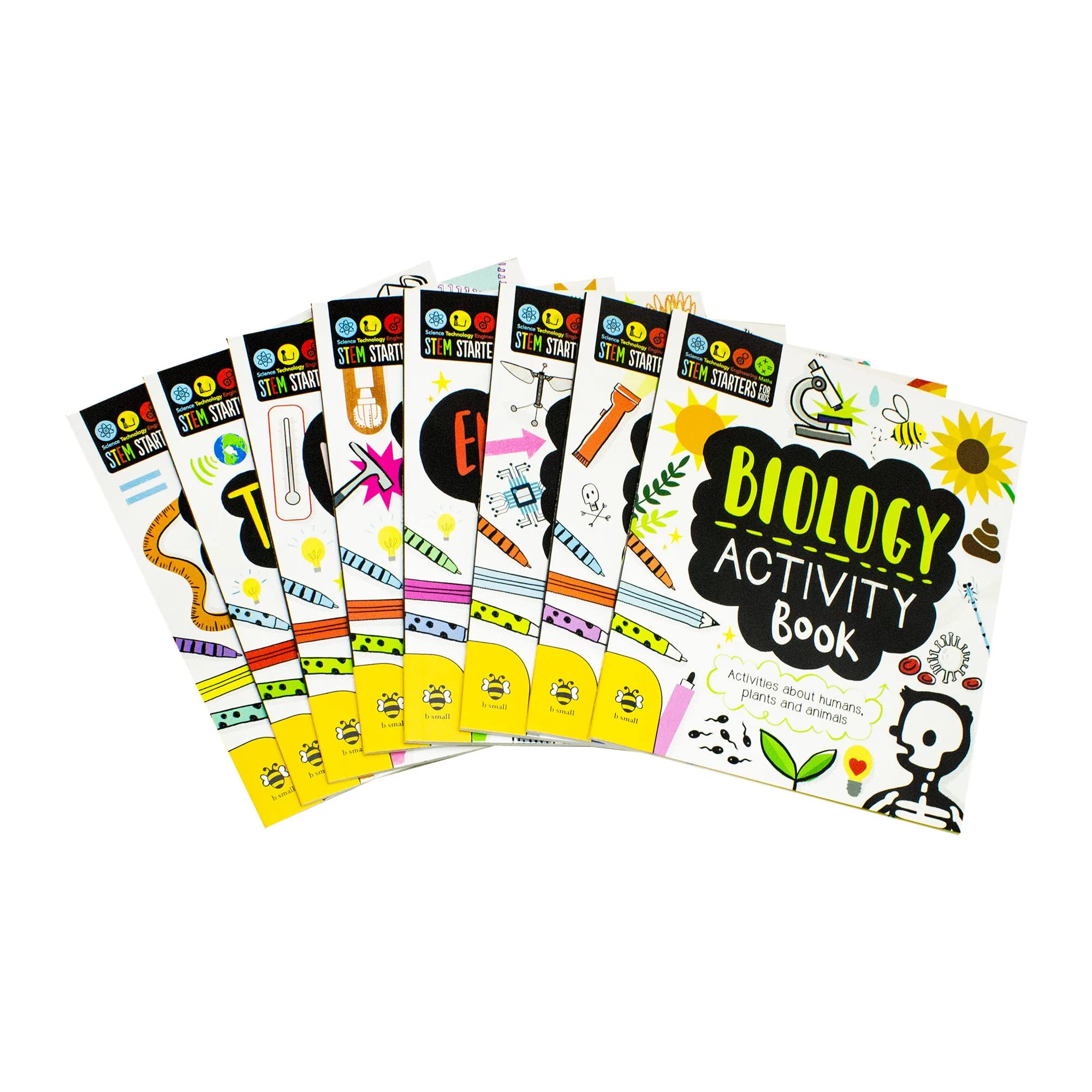 Inside page spread of a STEM Starters for Kids Activity Book showing colorful illustrations and hands-on STEM puzzles