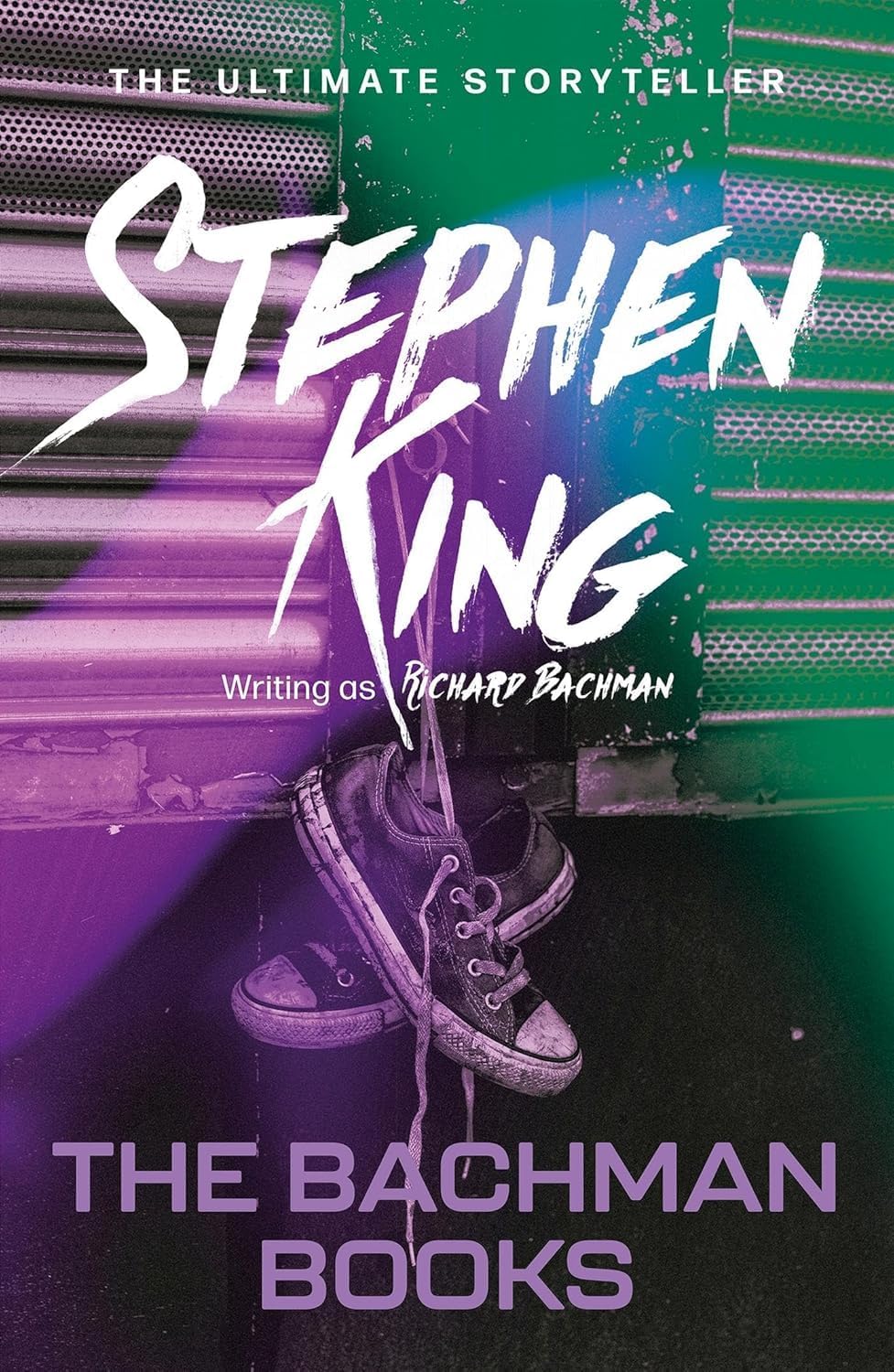 All three paperback books in the Stephen King collection set fanned out showing Never Flinch, The Bachman Books, and Night Shift spines