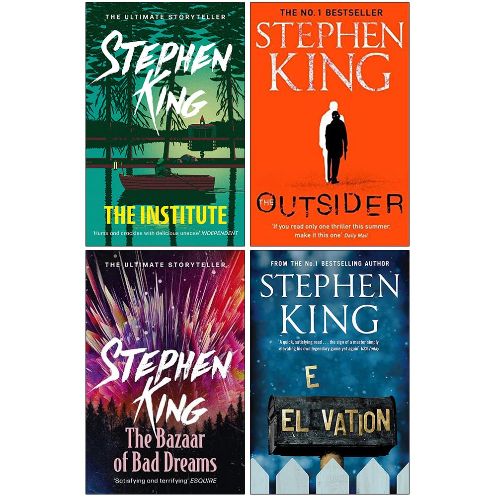 Stephen King hardback collection set with The Outsider, Elevation, The Institute and Bazaar of Bad Dreams arranged flat on a surface.