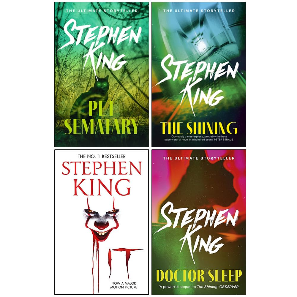 All four paperbacks in the Stephen King Collection fanned out showing Pet Sematary, The Shining, IT, and Doctor Sleep spines and covers