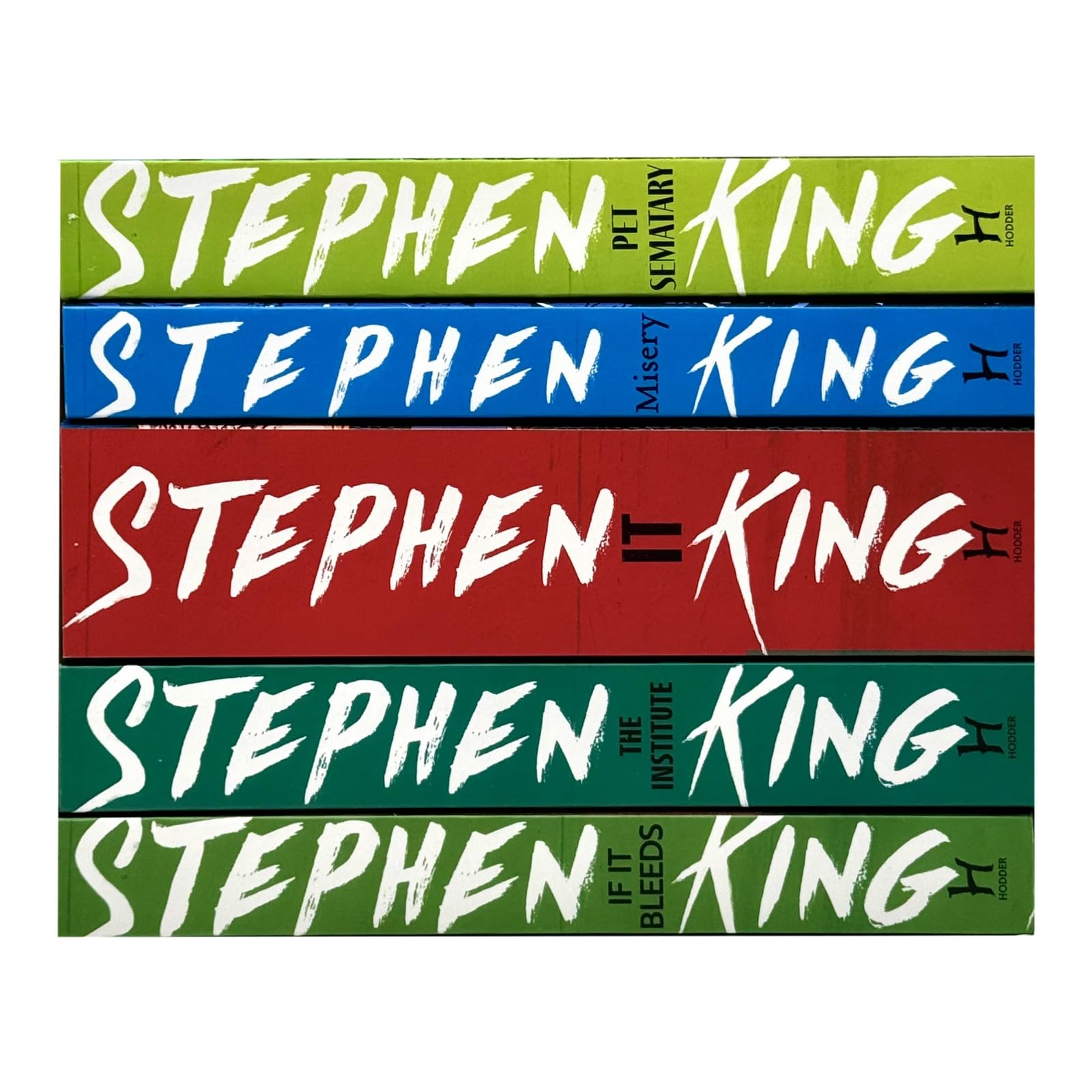 Angled view of the Stephen King Classic Collection paperback box set showing the spines of all five novels.