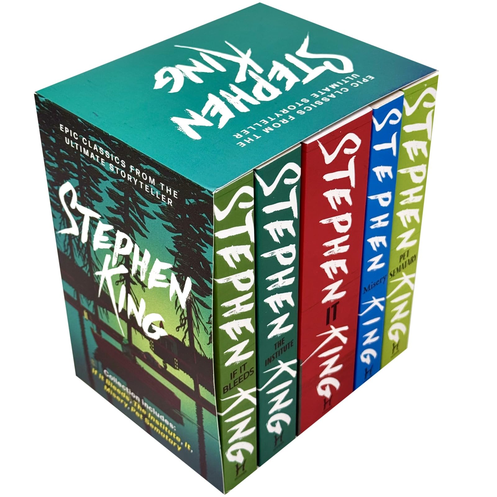 Close-up of the IT and Misery paperback covers from the Stephen King Classic Collection box set.