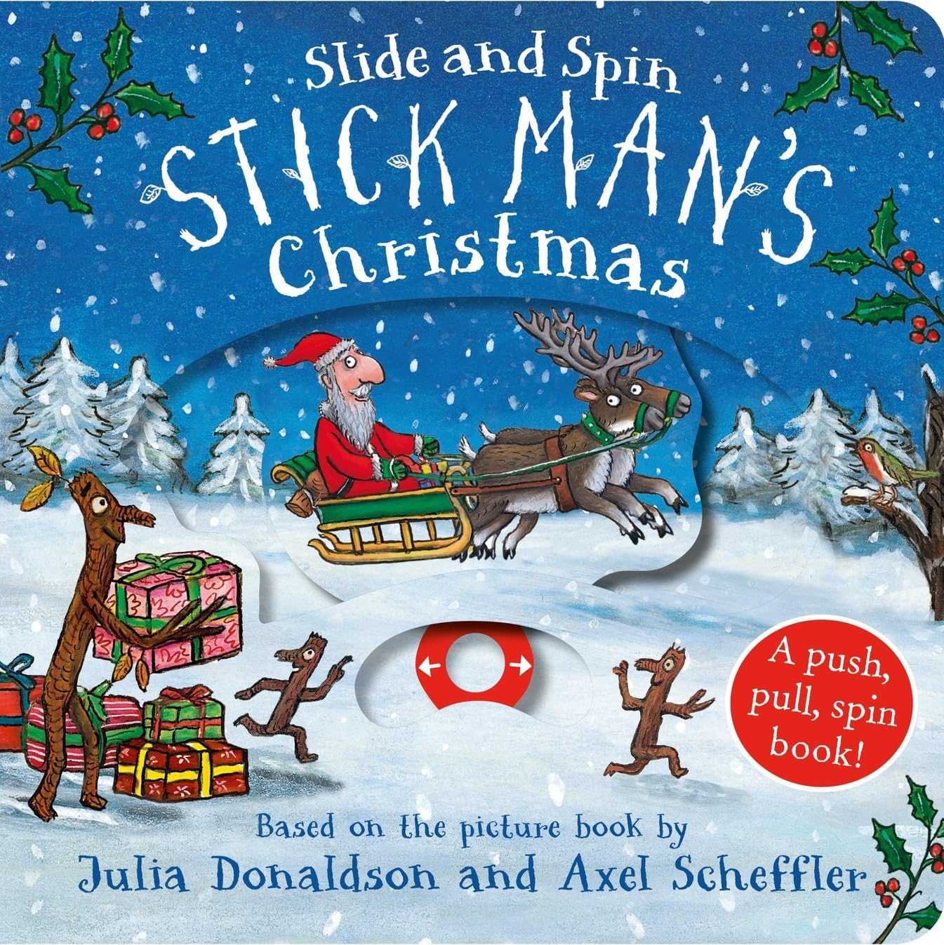Full Stick Man 4 book board book set fanned out showing Pumpkin Hunt, Egg Hunt, Let's Find Stick Man, and Christmas Slide and Spin covers