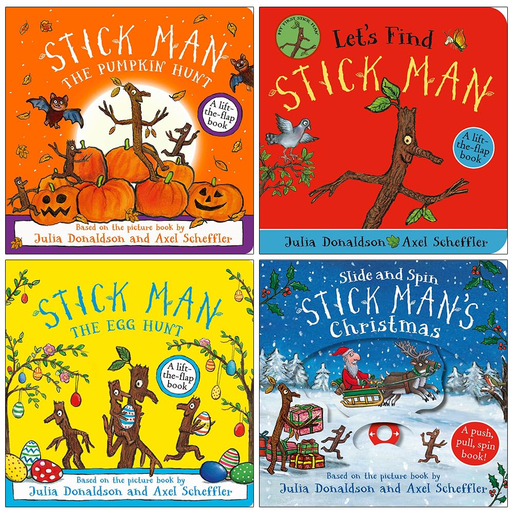 Stick Man 4 Books Collection Set by Julia Donaldson and Axel Scheffler, front cover showing all four board books