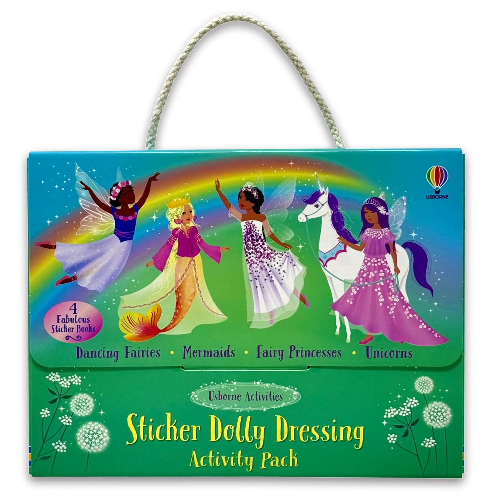 Sticker Dolly Dressing Activity Pack by Fiona Watt - front cover of the 4 mini sticker book paperback set featuring unicorns, mermaids, and fairies