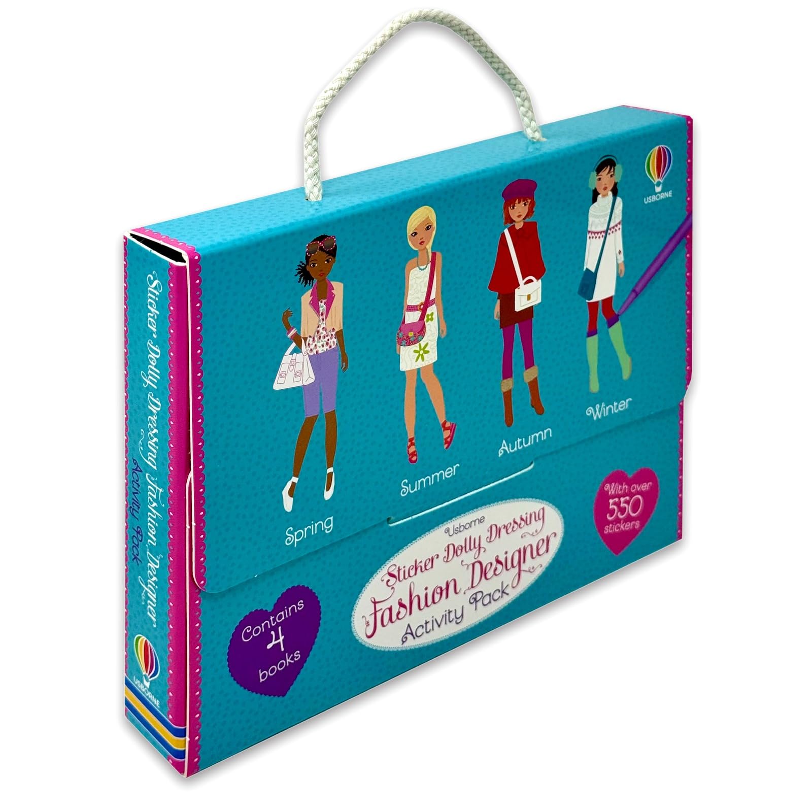 Back cover of the Sticker Dolly Dressing Fashion Designer Activity Pack showing Spring, Summer, Autumn and Winter book spines