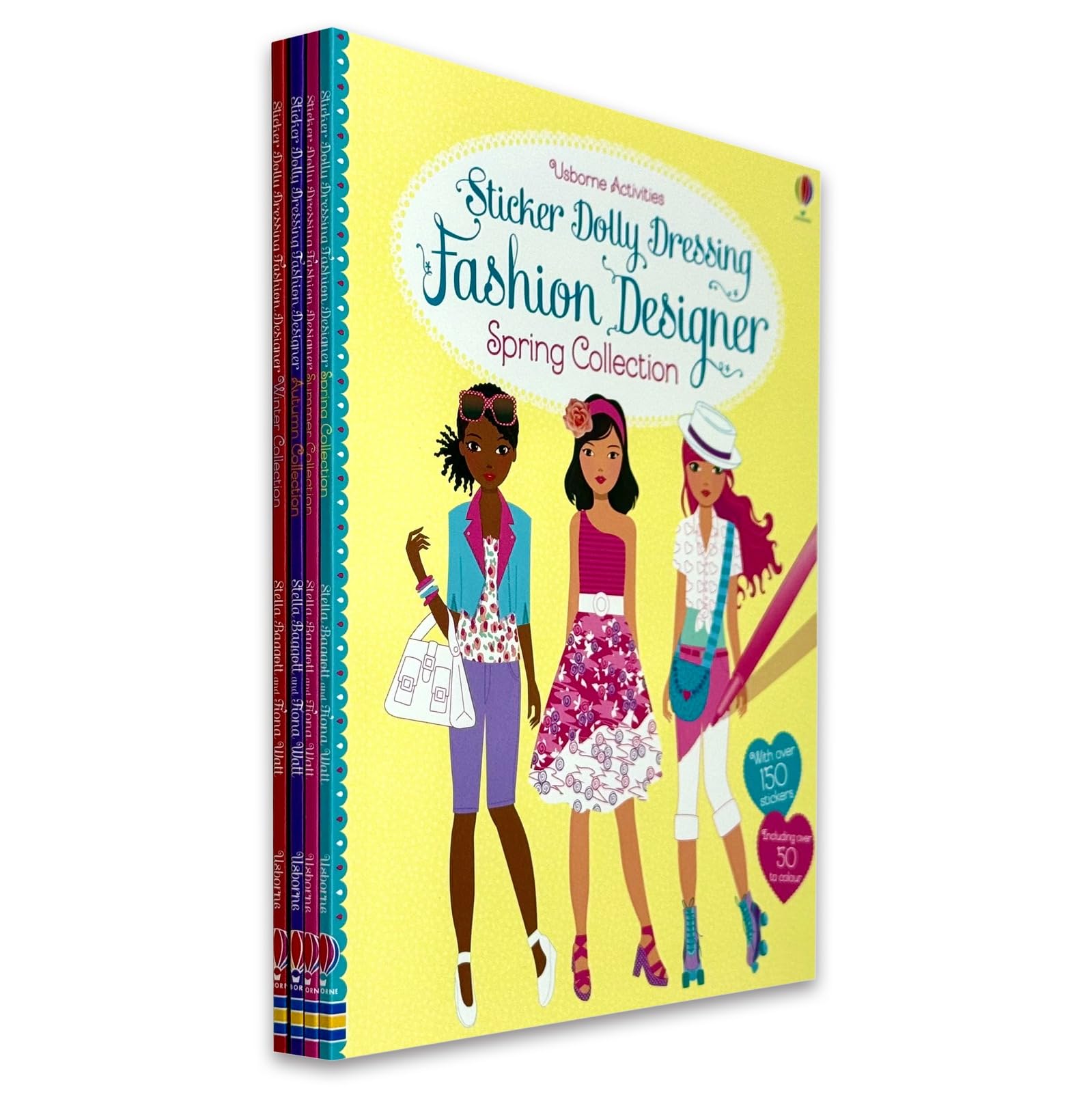 All four Sticker Dolly Dressing Fashion Designer mini books fanned out showing seasonal collection covers