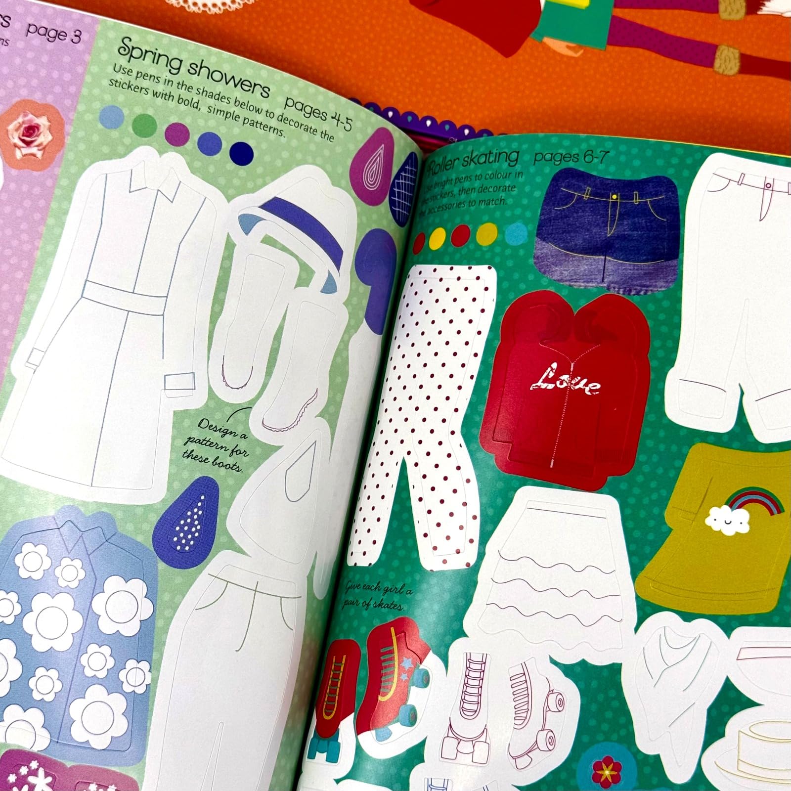 Sticker sheet page from the Fashion Designer Activity Pack with over 550 stickers including blank stickers to color