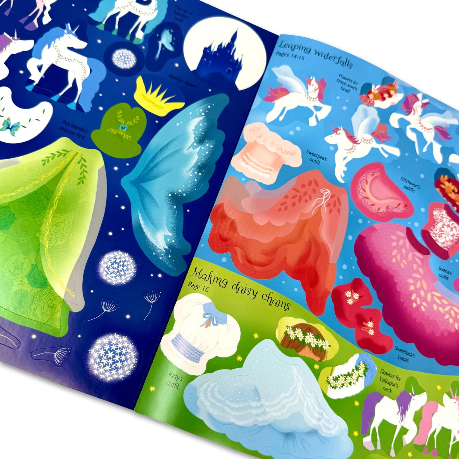 All four Sticker Dolly Dressing Unicorns Pack books fanned out, including the colouring book