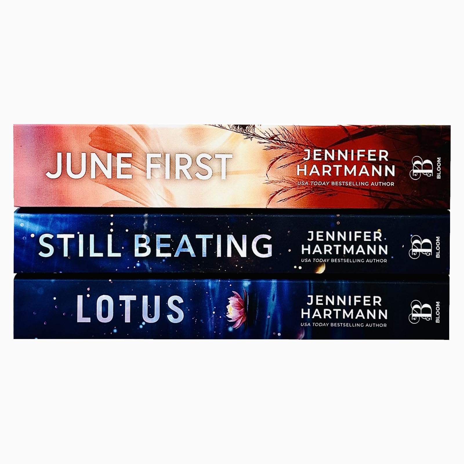 Close-up of the Still Beating, Lotus, and June First paperback covers showing full title and author details.
