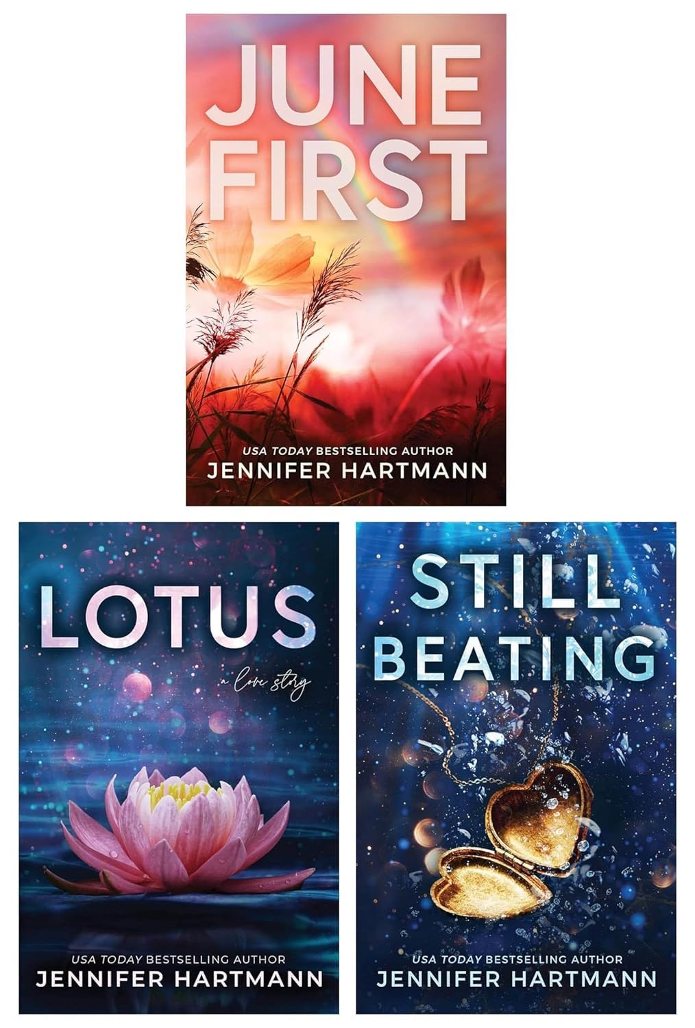 Angled shot of the Jennifer Hartmann fiction collection showing the paperback spines and stacked book edges.