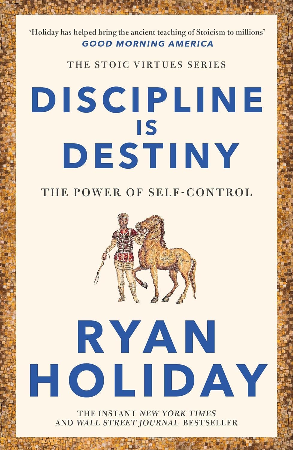 Close-up of the front covers and titles for the 3-book Ryan Holiday Stoic Virtues nonfiction paperback set.