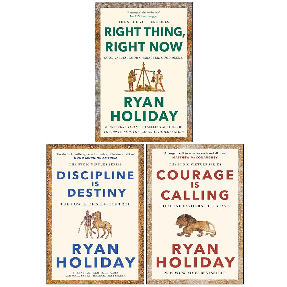 Front cover of The Stoic Virtues Series 3 books collection set by Ryan Holiday, paperback nonfiction set on a white background.