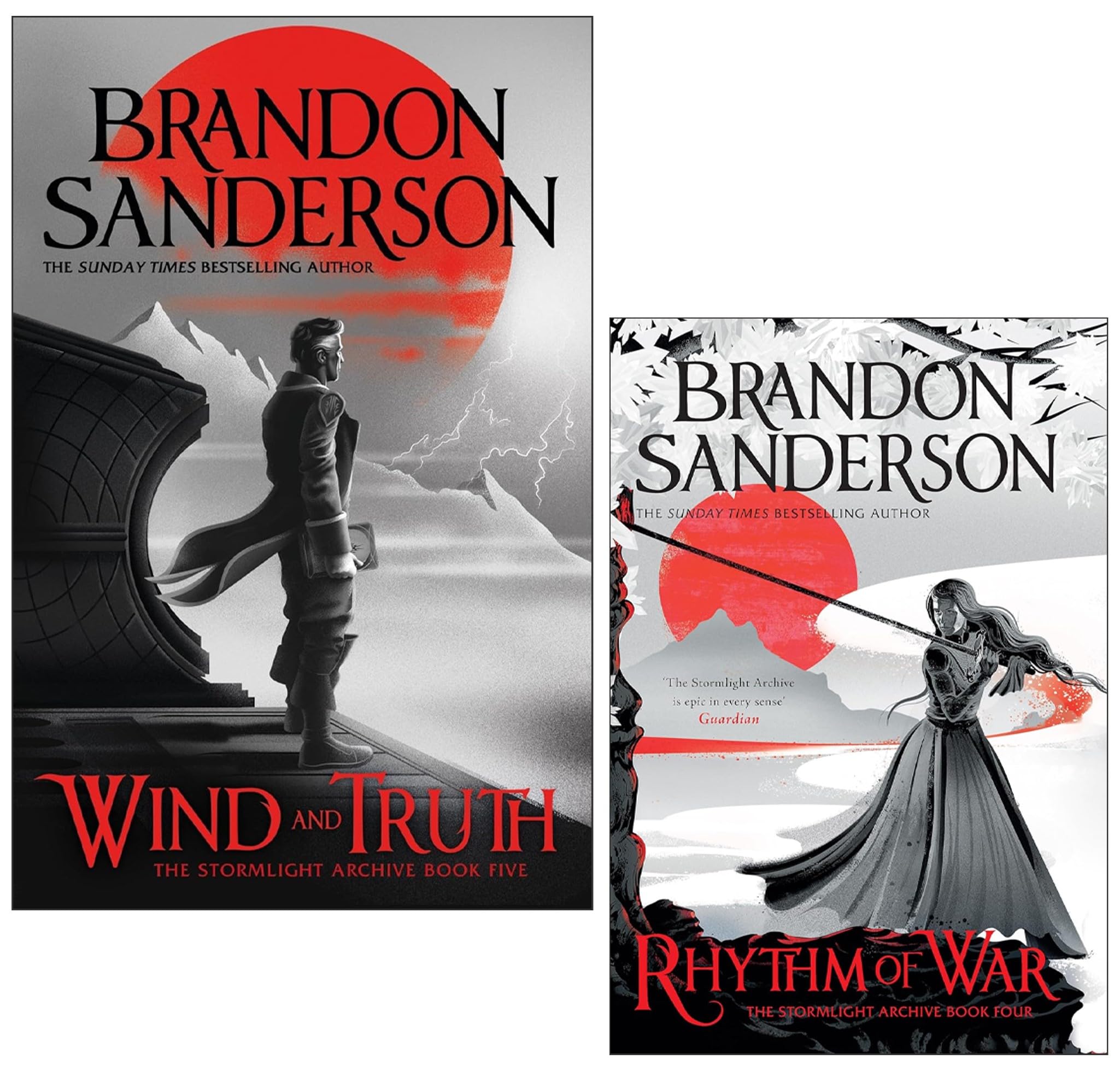 Stormlight Archive Books 4 and 5 by Brandon Sanderson 2 book set showing Wind and Truth hardback and Rhythm of War paperback covers