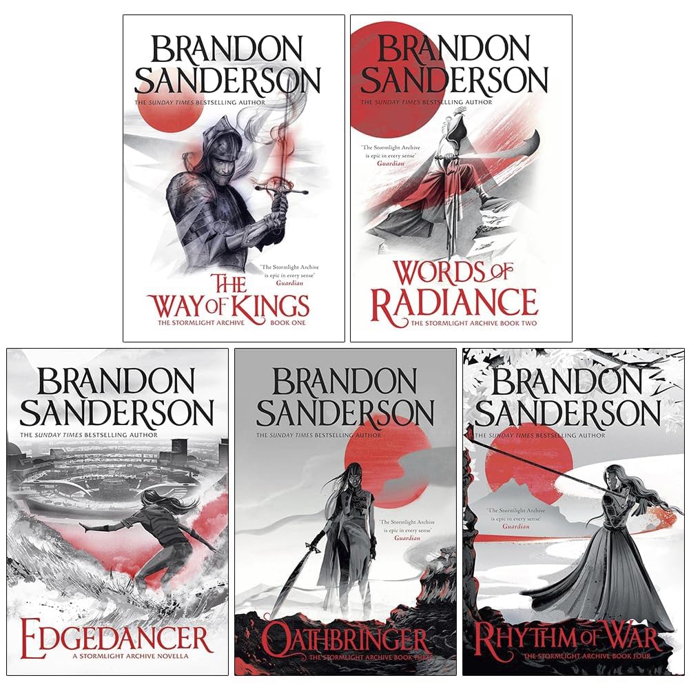 Front cover display of The Stormlight Archive 5-book paperback collection set by Brandon Sanderson, showing all five colorful spines together.