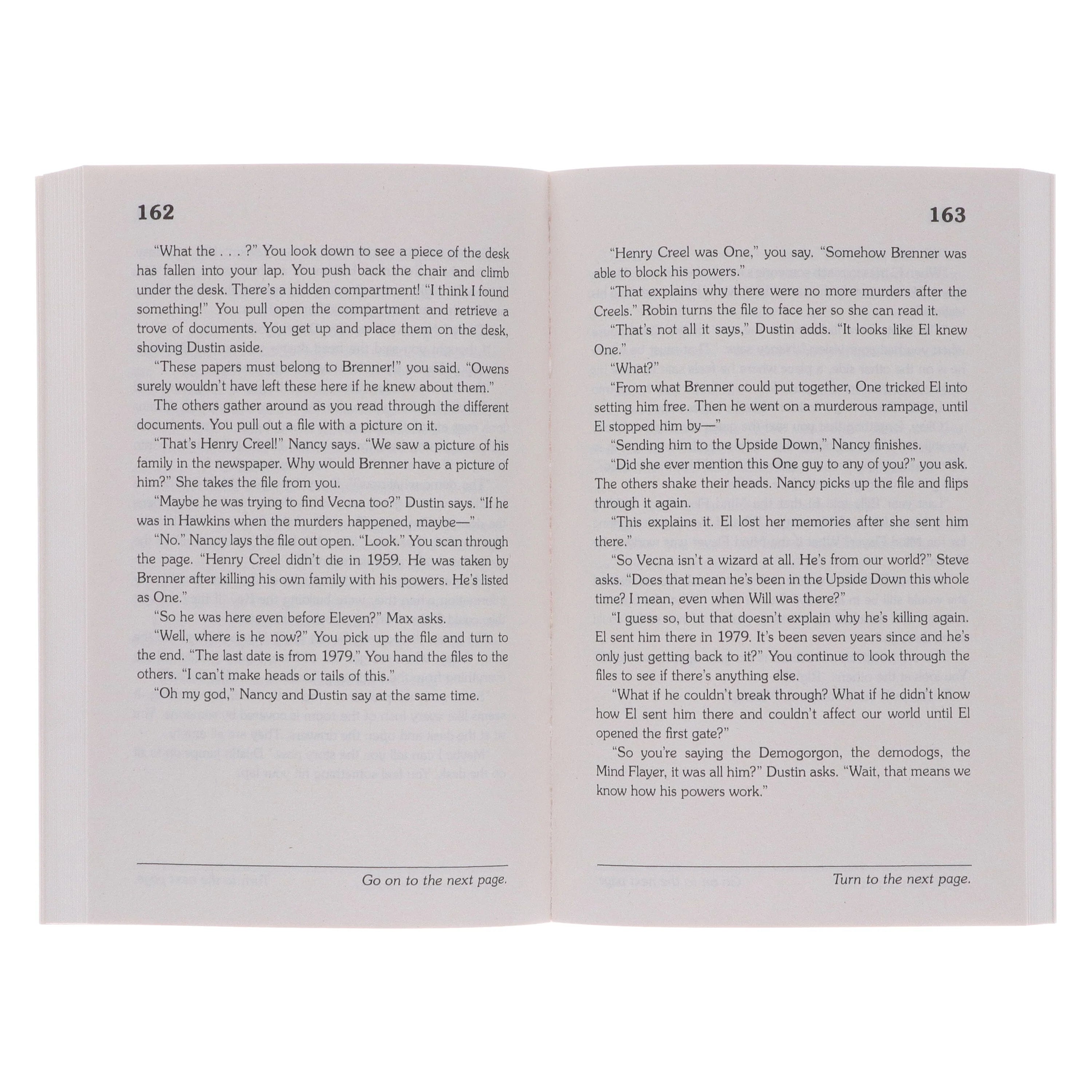 Inside page spread from one of the Stranger Things paperback books showing interior text layout