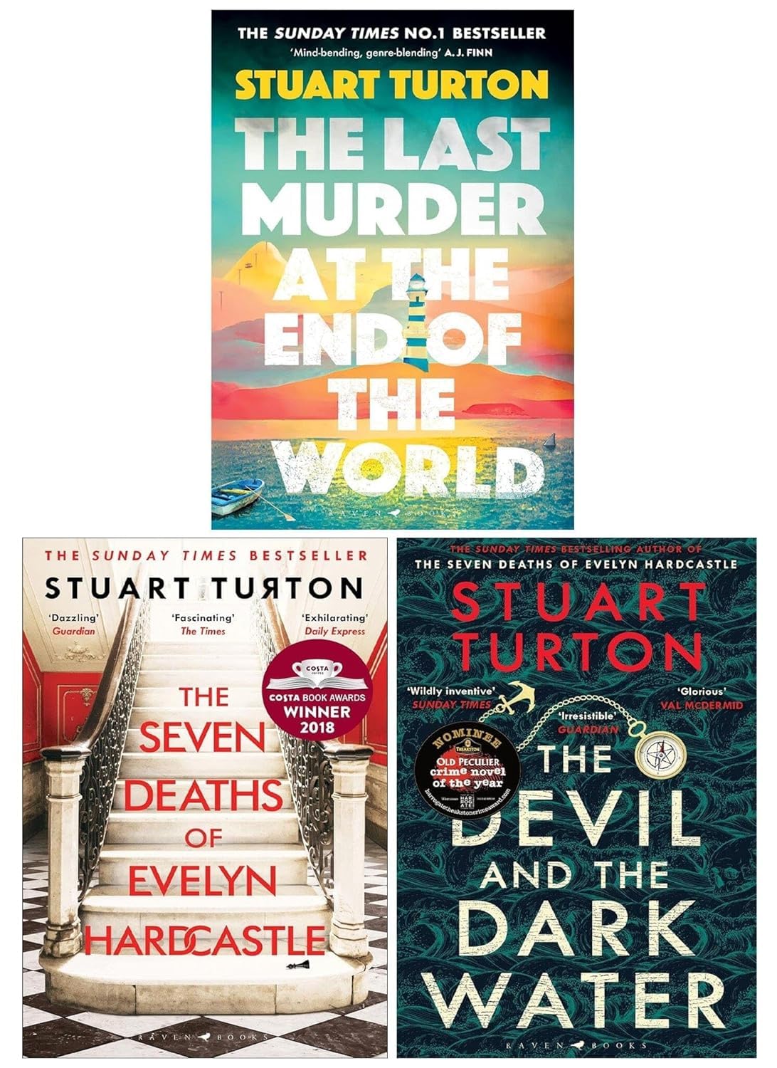 Stuart Turton 3 Books Collection Set paperback front covers showing The Seven Deaths of Evelyn Hardcastle, The Devil and the Dark Water, and The Last Murder at the End of the World