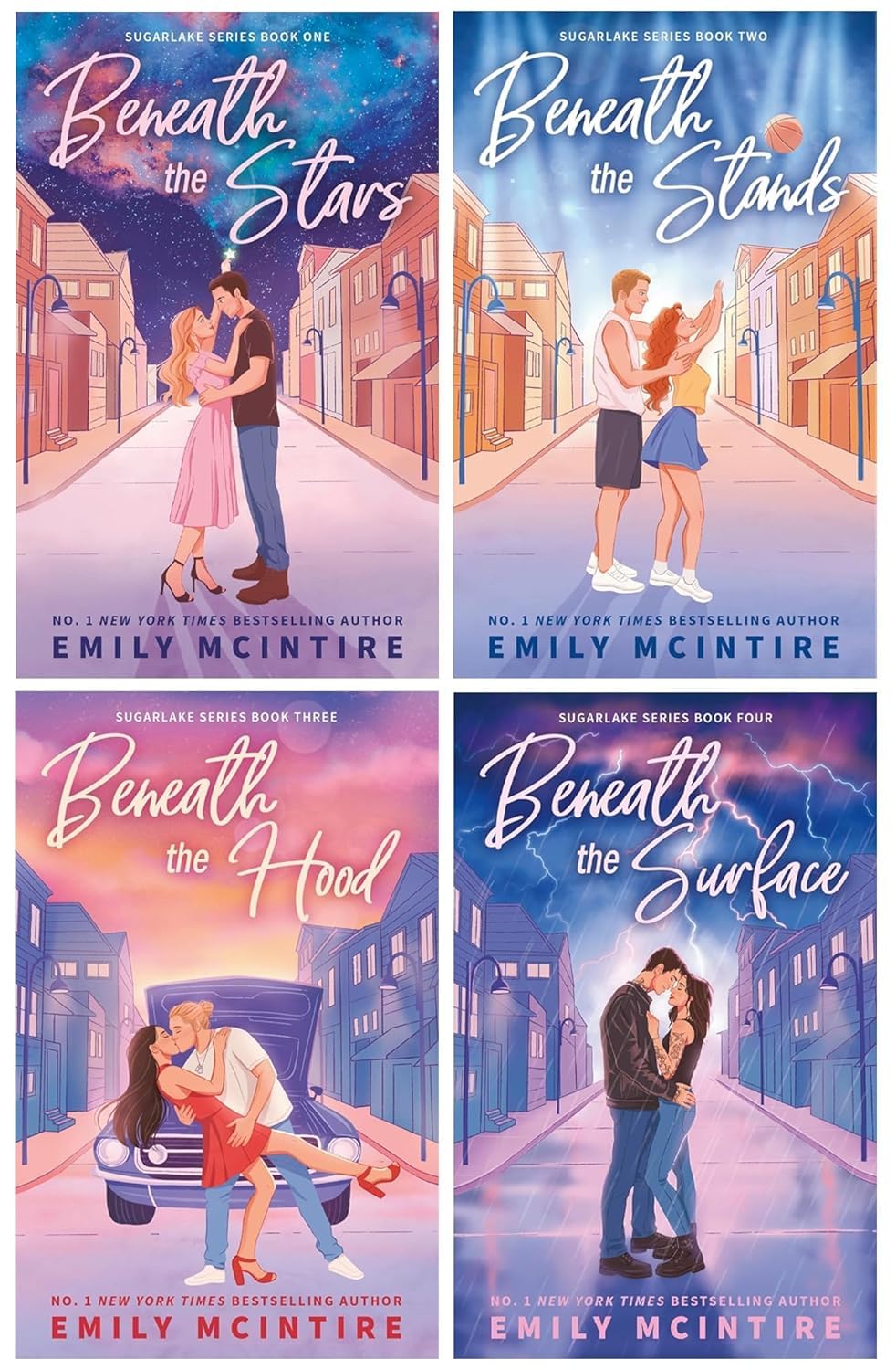 Sugarlake Series by Emily McIntire 4-book paperback collection set, front covers of Beneath the Stars, Beneath the Stands, Beneath the Hood, and Beneath the Surface